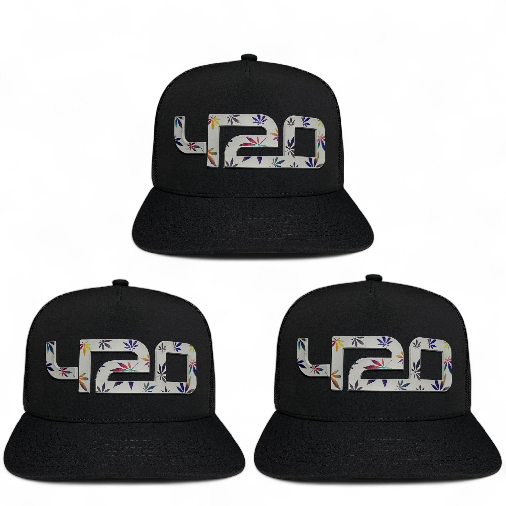 Pack of 3 snapback caps with 420 lifestyle PVC patch, streetwear style, adjustable closure, ideal for casual wear, events, or festivals.
