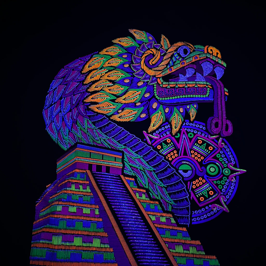 Quetzalcóatl Aztec Snake T Shirt Double Print that Glows in Neon and Black light