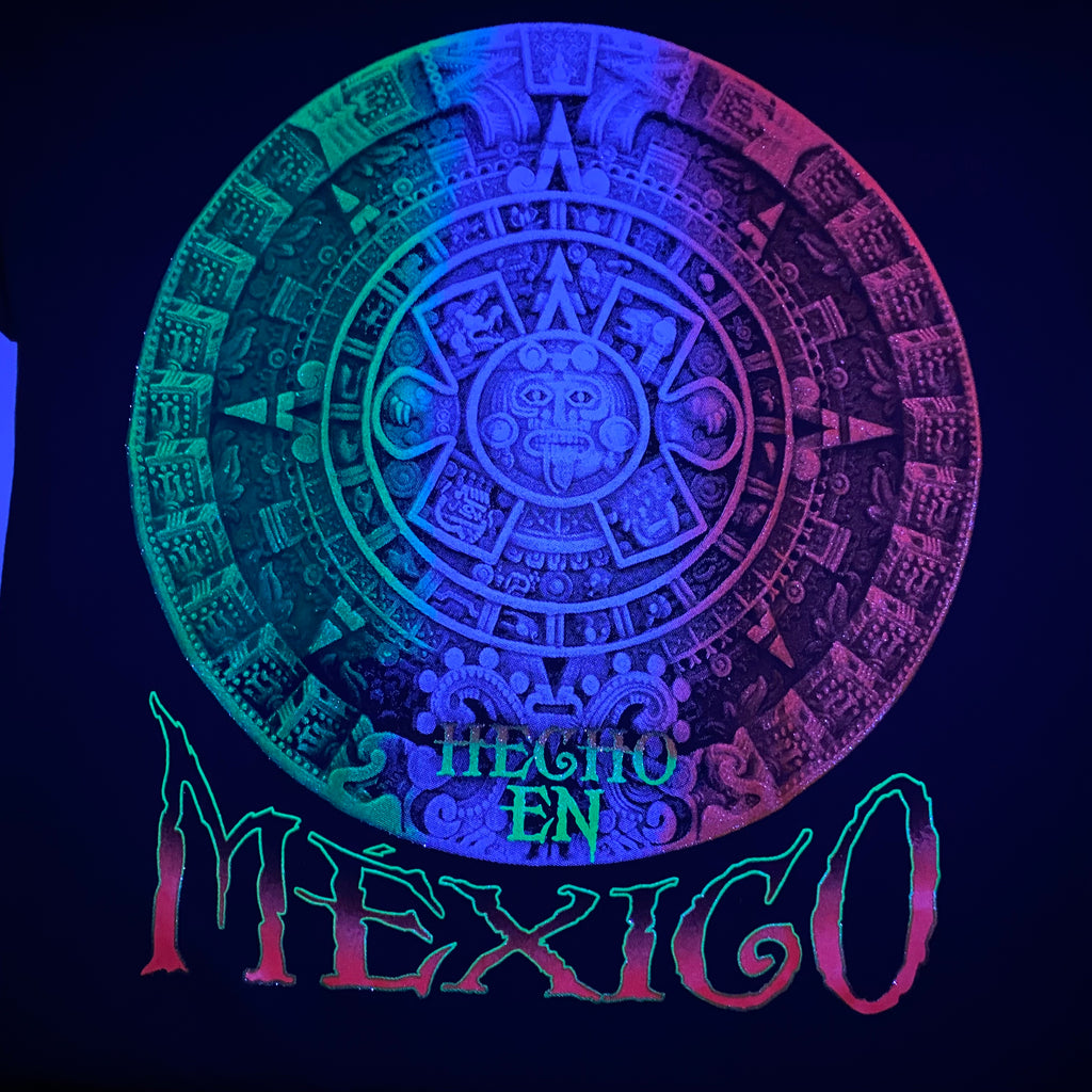 Black T-Shirt with Aztec Calendar Design that Glows Under Neon or Black light