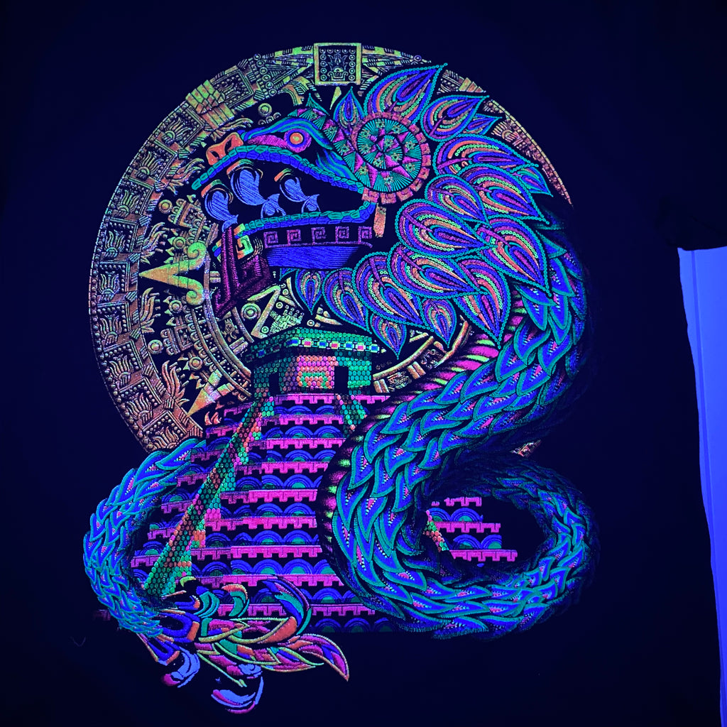 Quetzalcóatl Aztec Snake T Shirt Double Print Glow in Neon and Black light