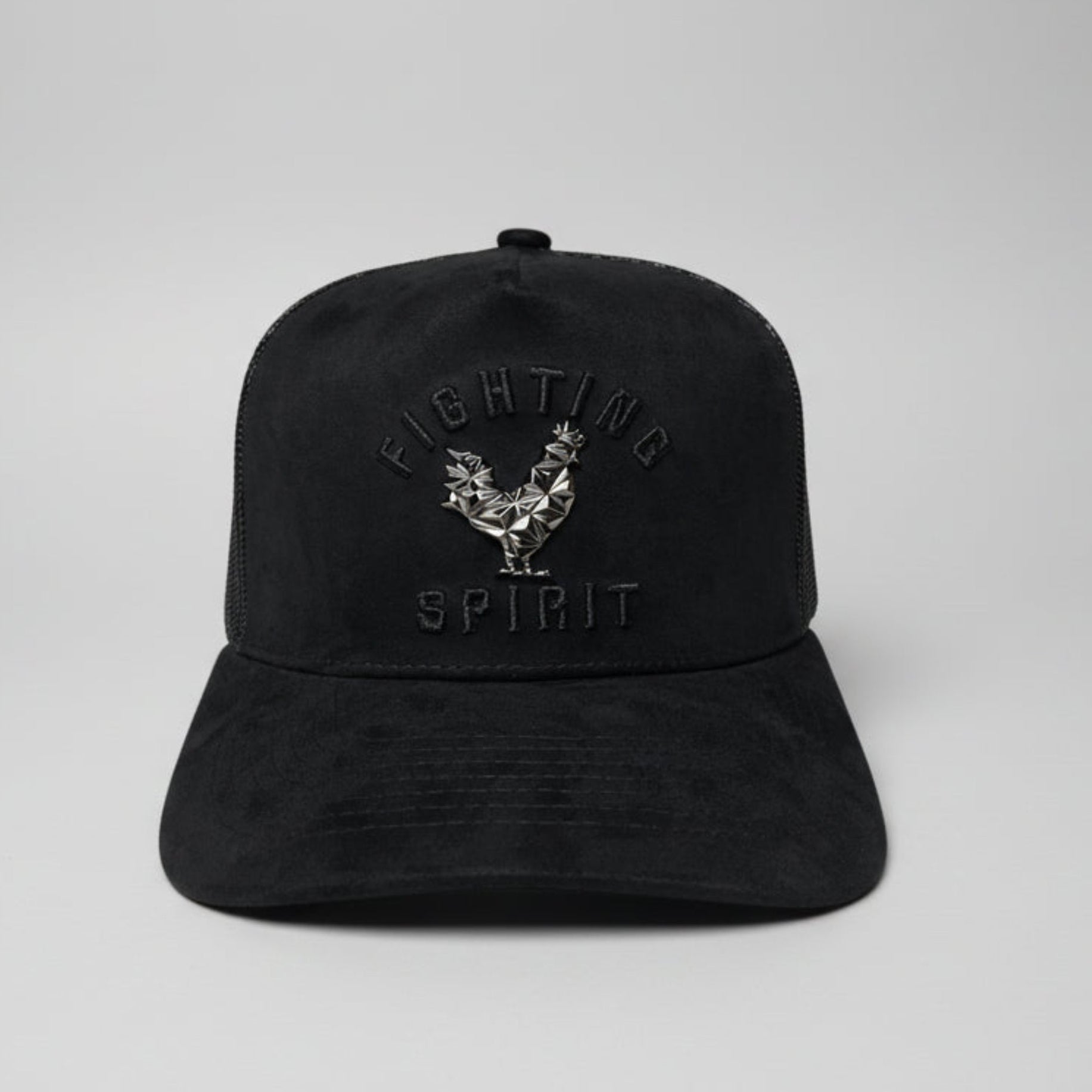 Rooster Emblem Black Suede Trucker Hat