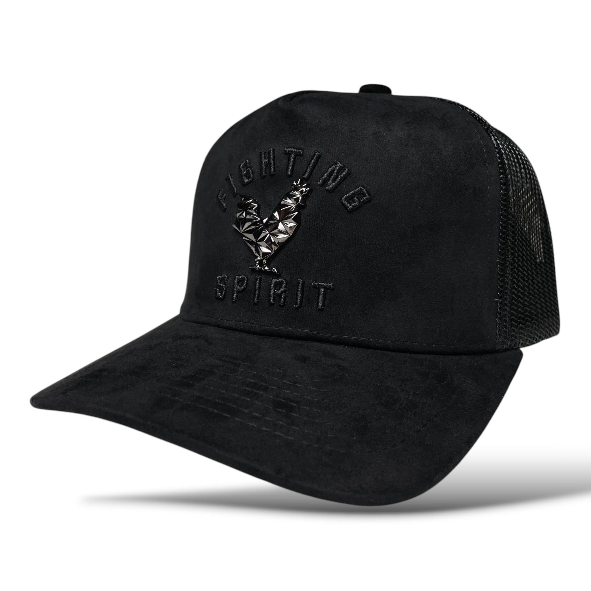 Rooster Emblem Black Suede Trucker Hat