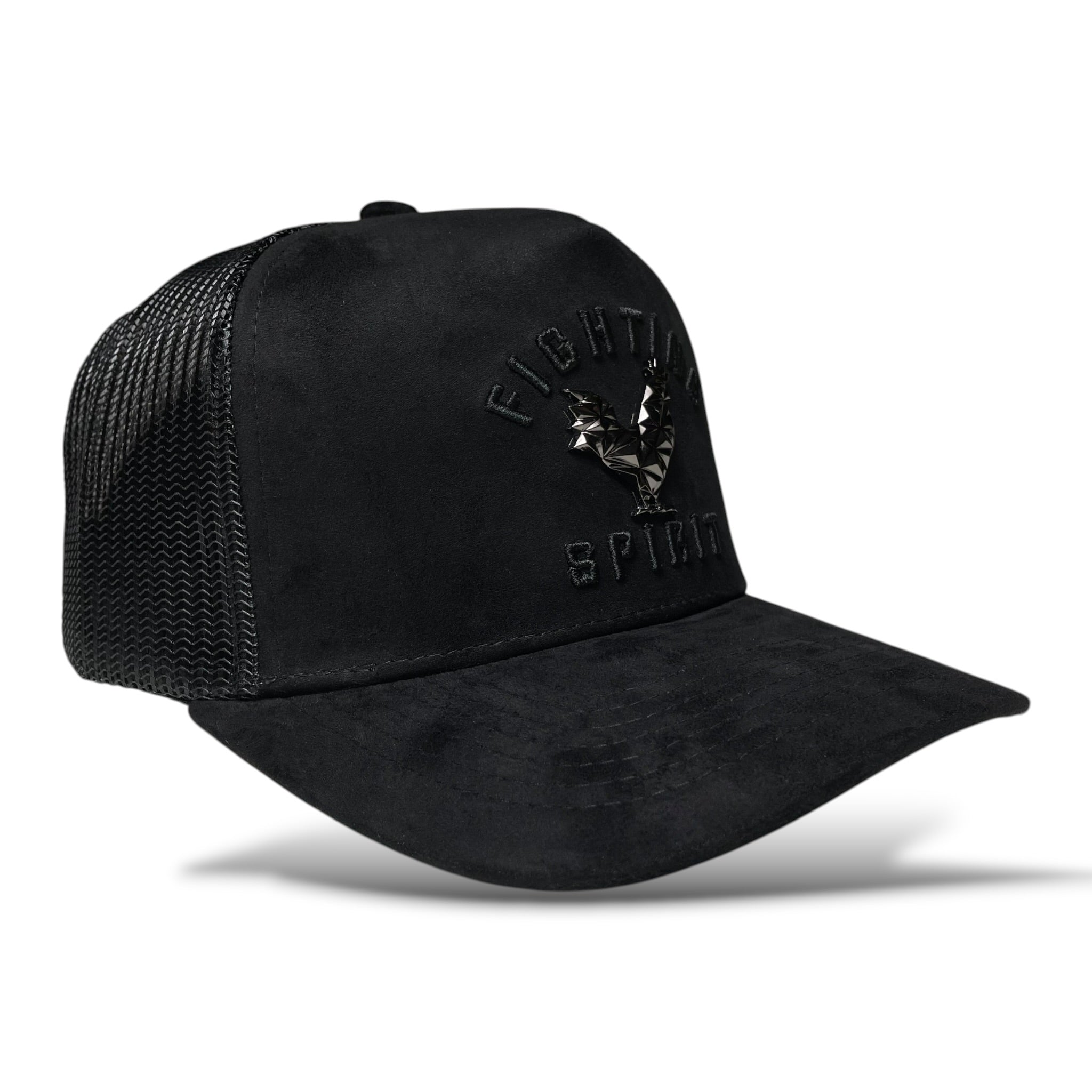 Rooster Emblem Black Suede Trucker Hat