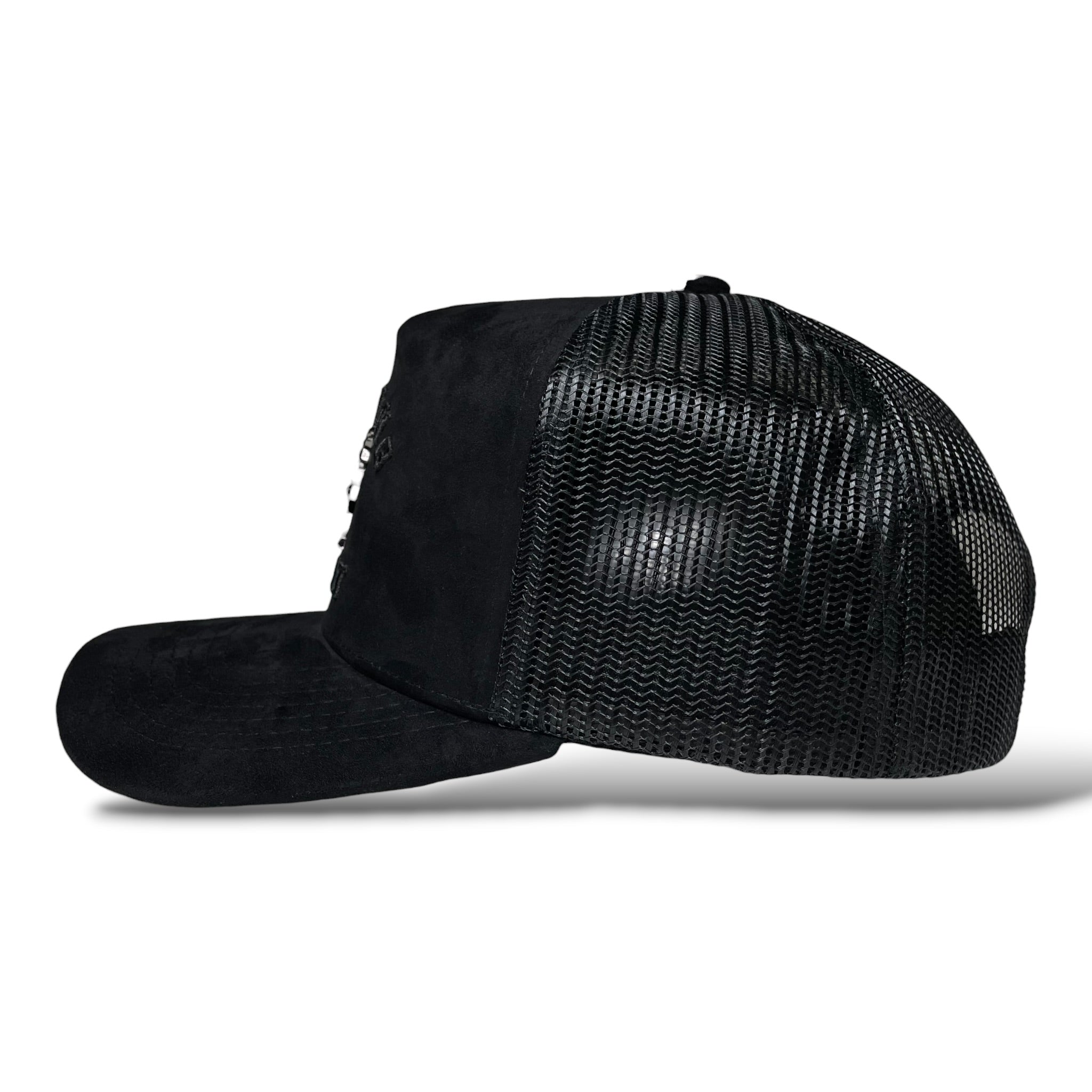 Rooster Emblem Black Suede Trucker Hat