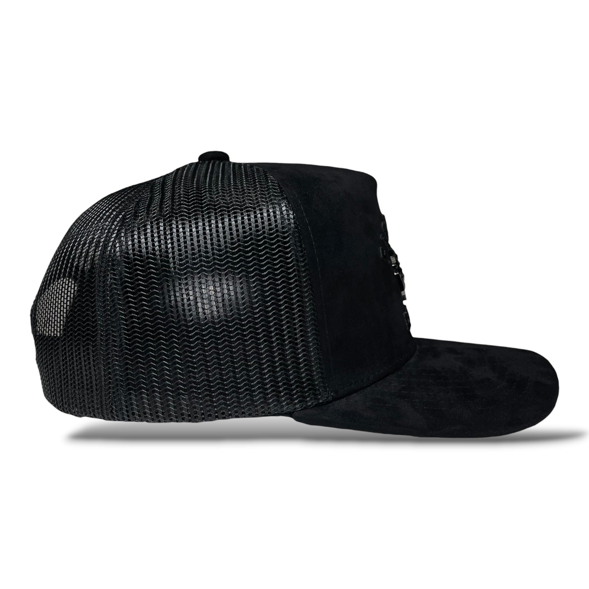 Rooster Emblem Black Suede Trucker Hat