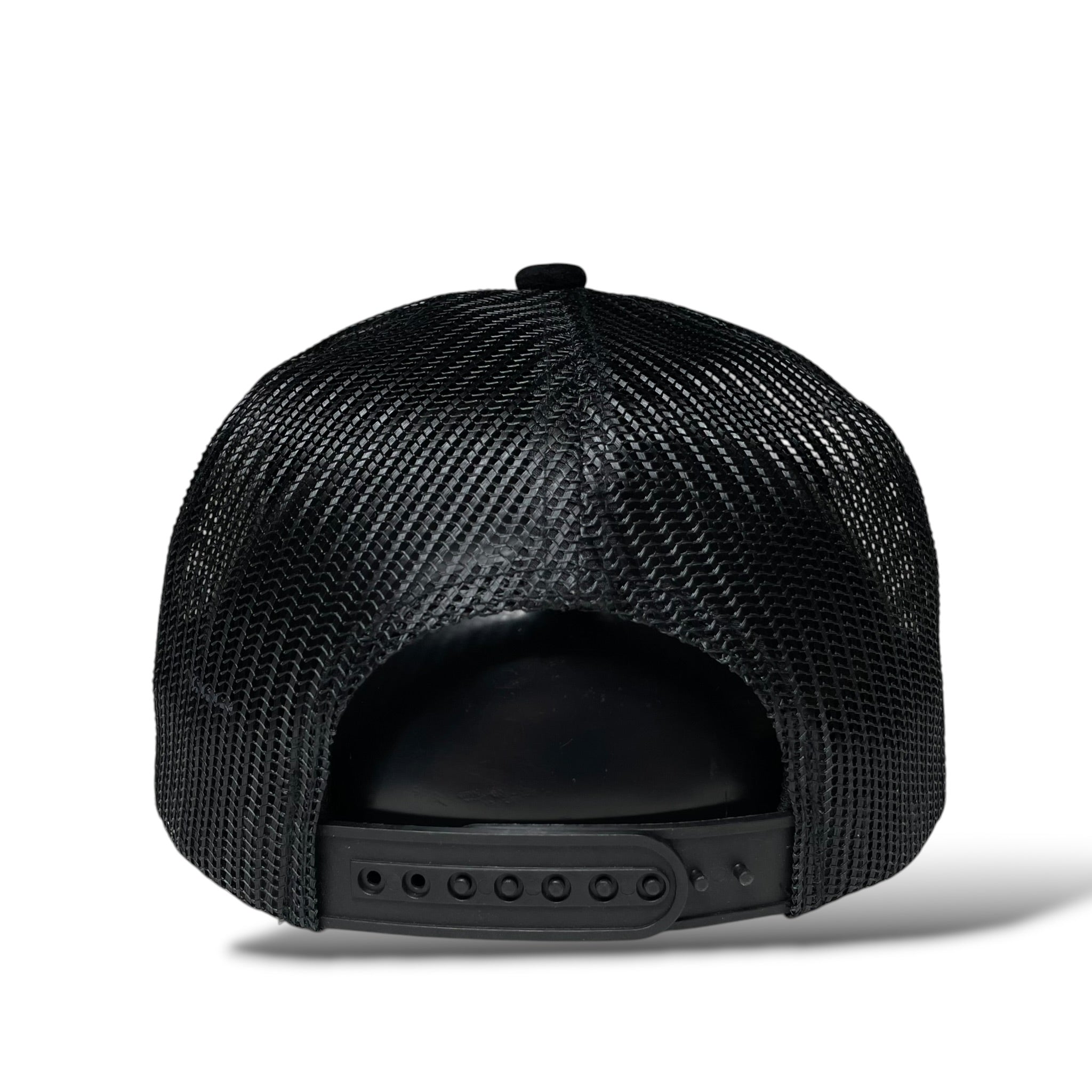 Rooster Emblem Black Suede Trucker Hat