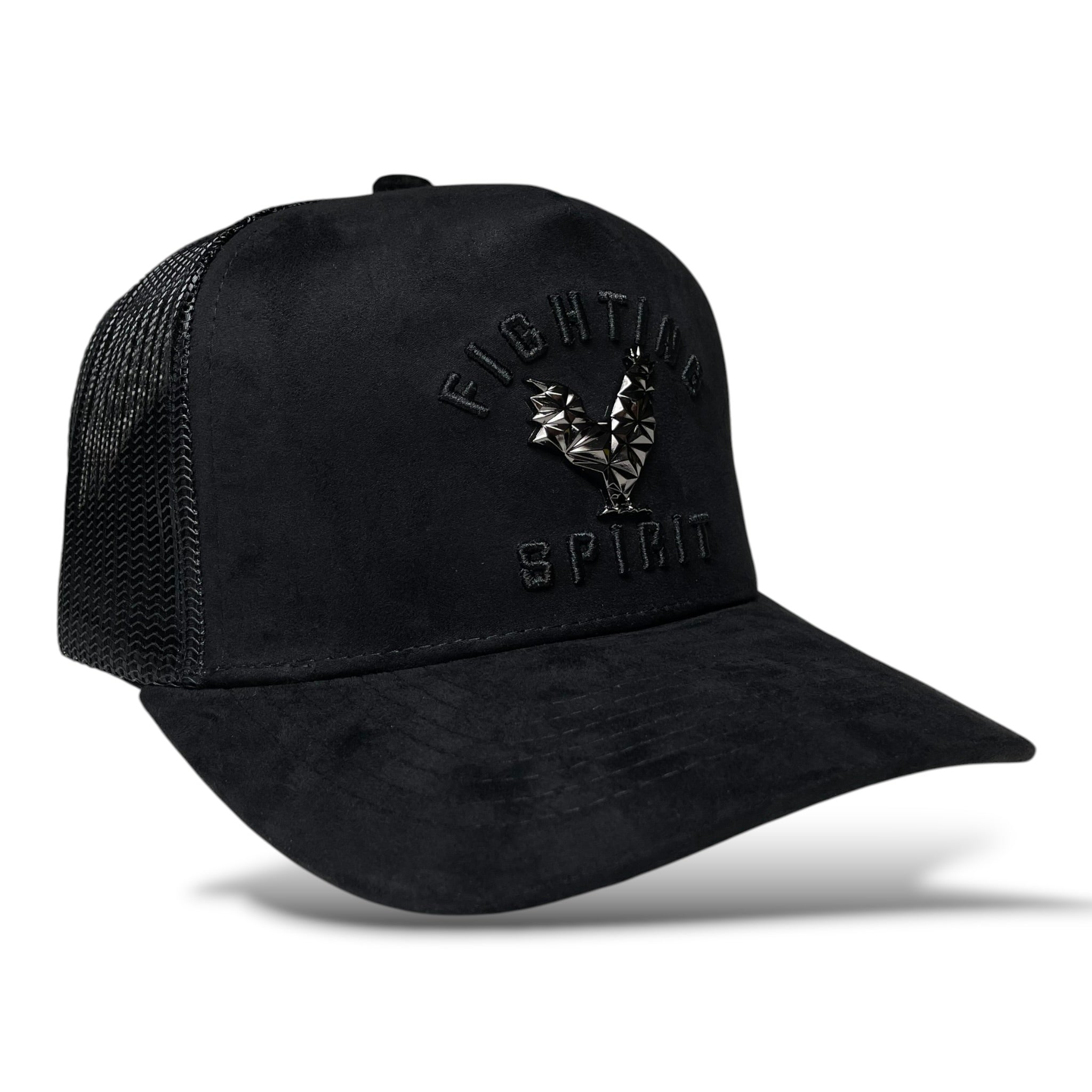 Rooster Emblem Black Suede Trucker Hat