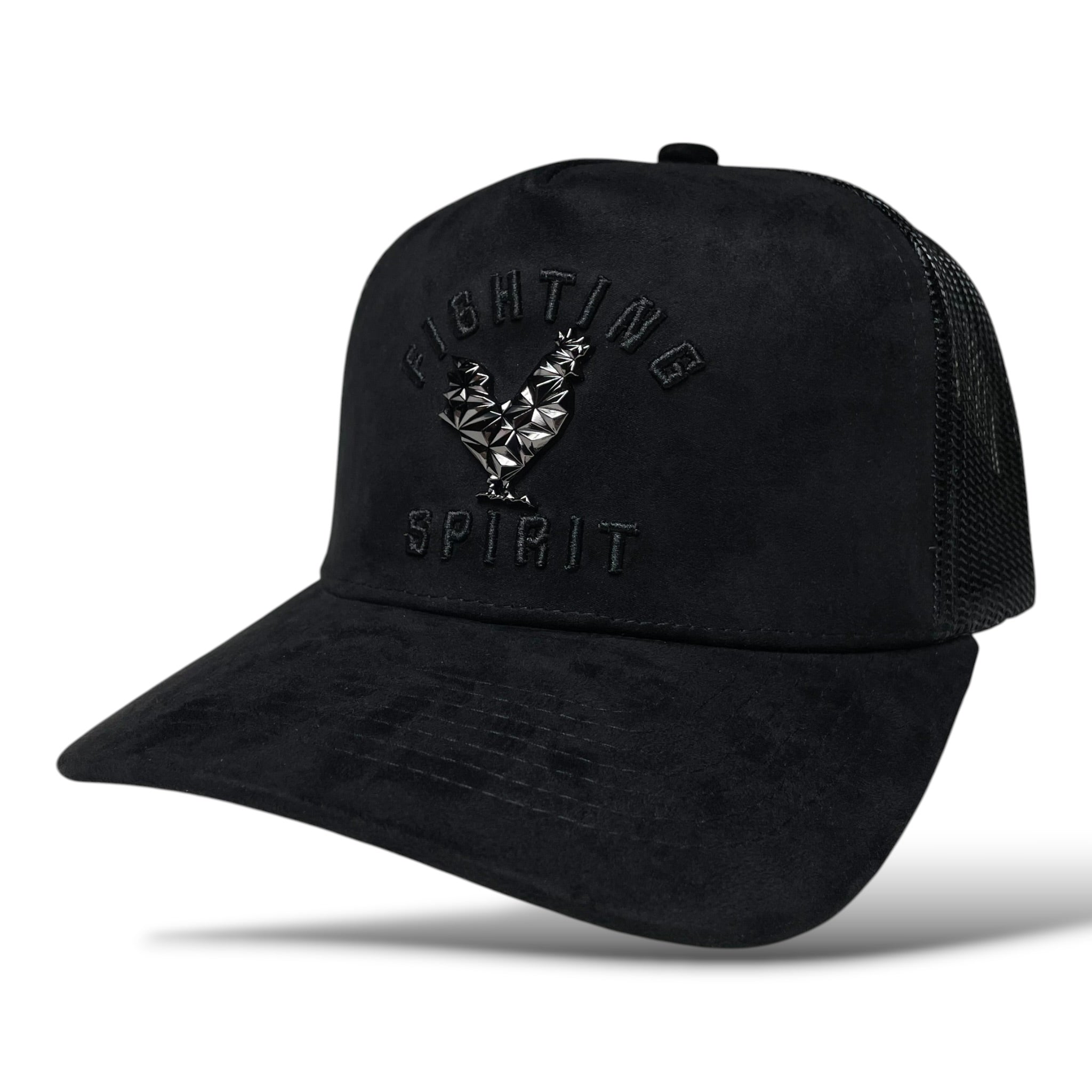 Rooster Emblem Black Suede Trucker Hat