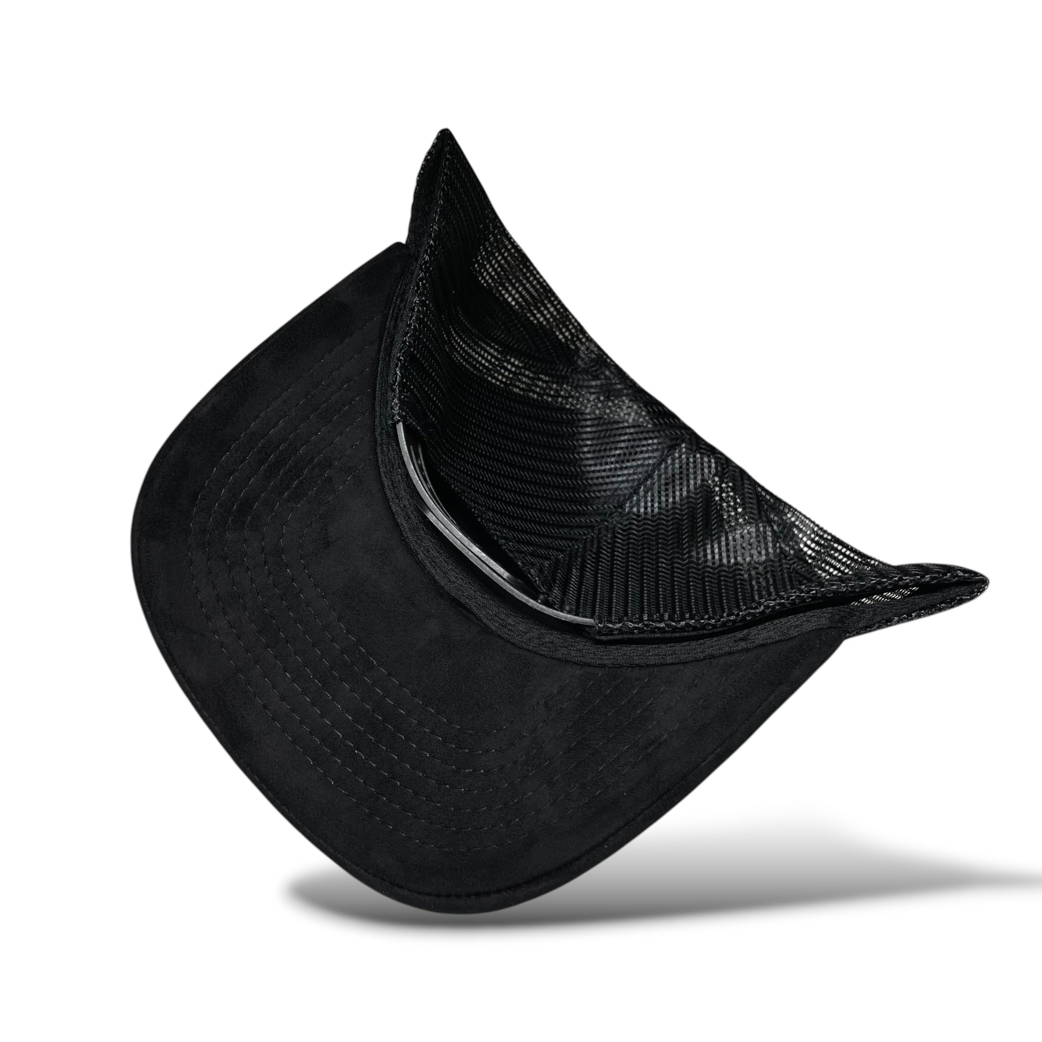 Rooster Emblem Black Suede Trucker Hat