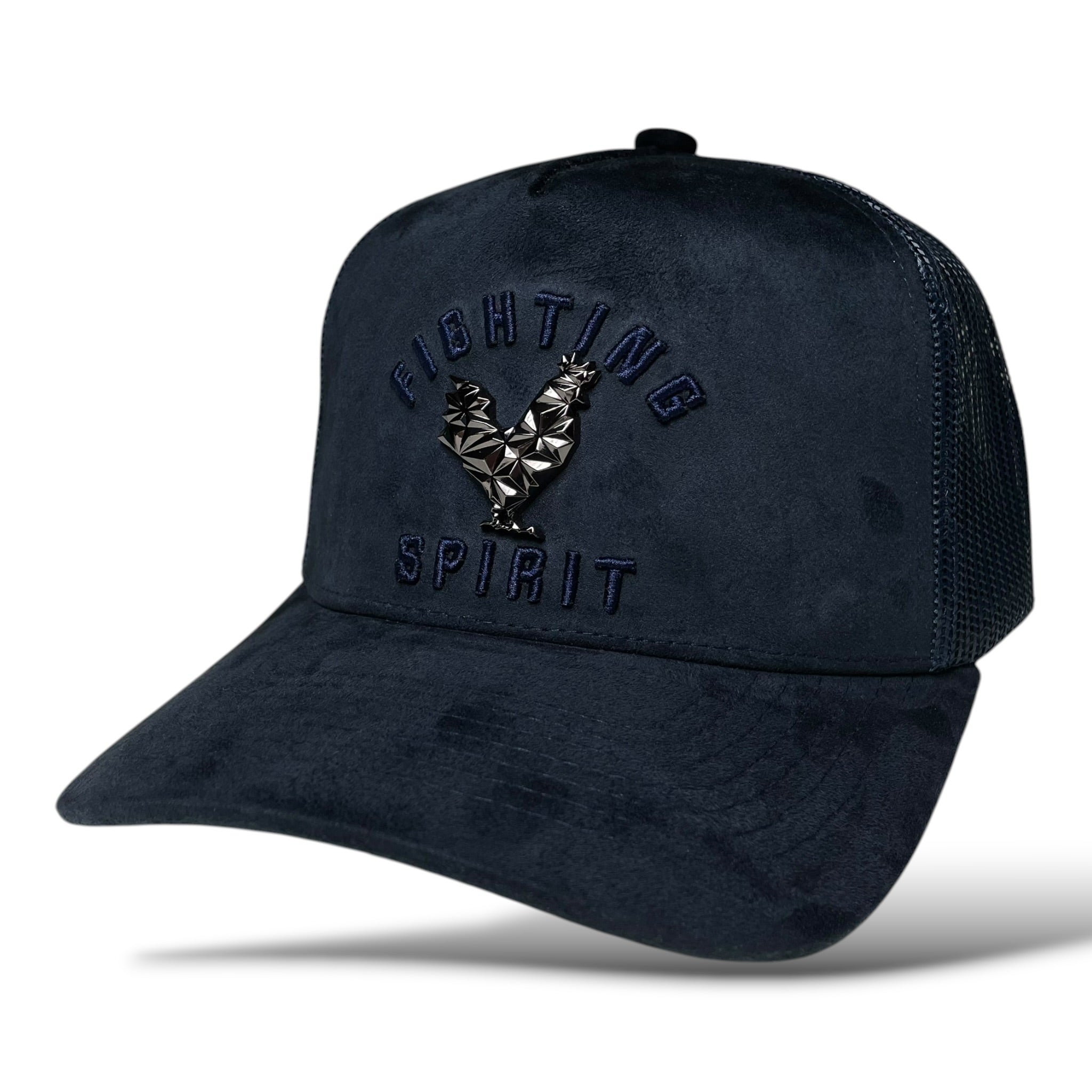 Rooster Emblem Suede Trucker Hat with Fighting Spirit Embroidery