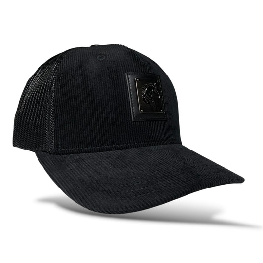 Black corduroy Western baseball cap with hors, and “Ride Free” emblem on the front panel.