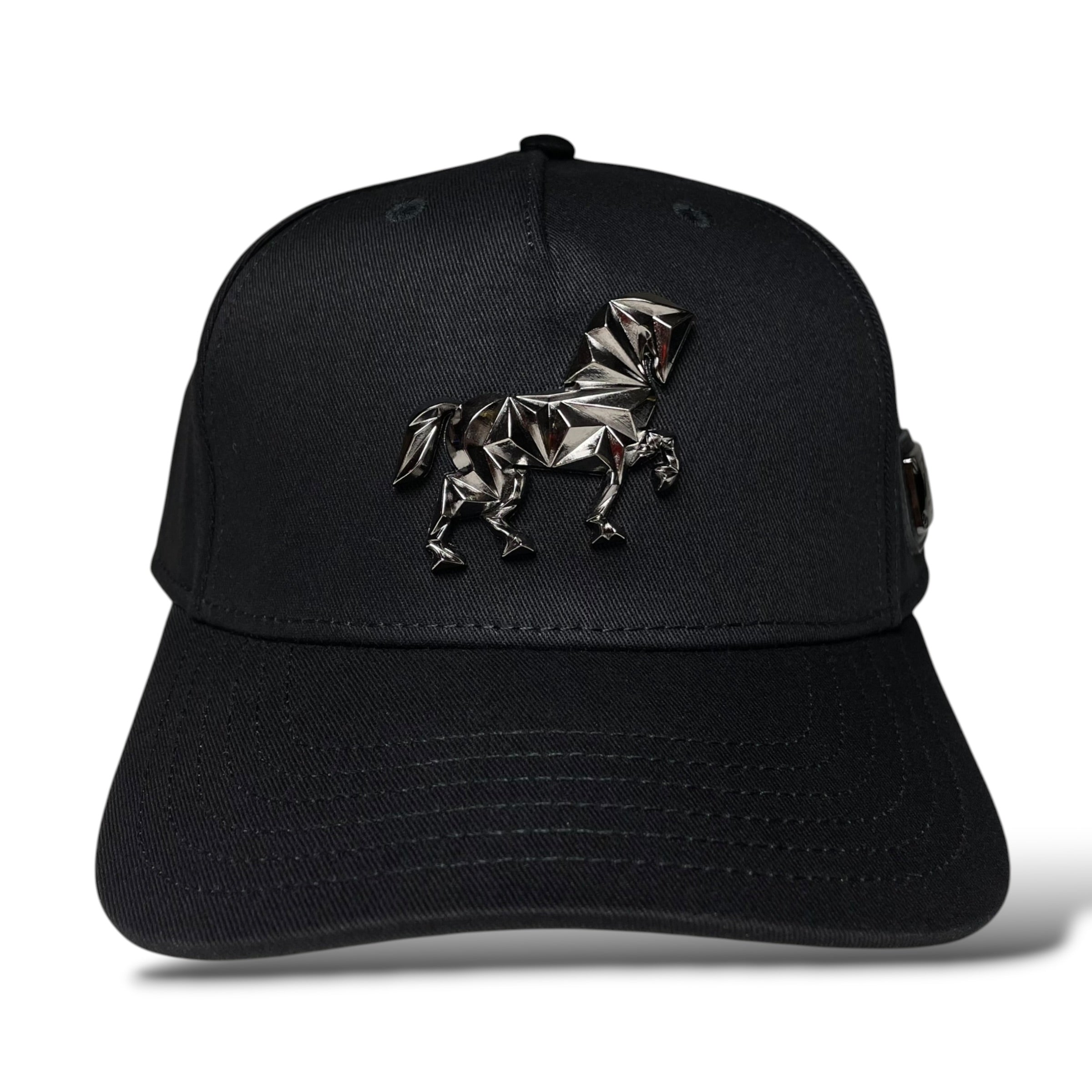 Black Western baseball cap with horse and “Free Spirit” emblem on the front panel and curved visor.