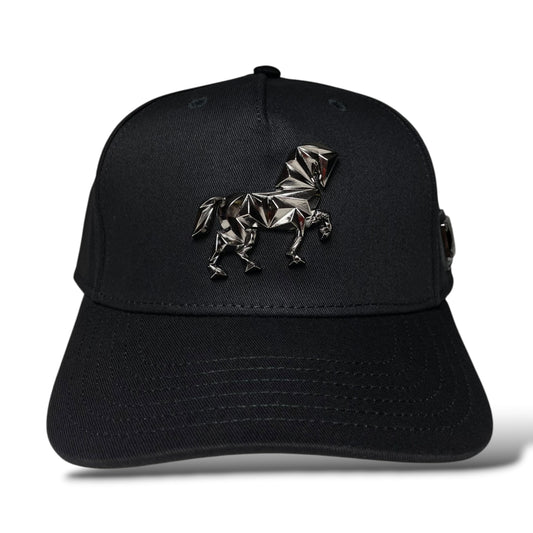 Black Western baseball cap with horse and “Free Spirit” emblem on the front panel and curved visor.