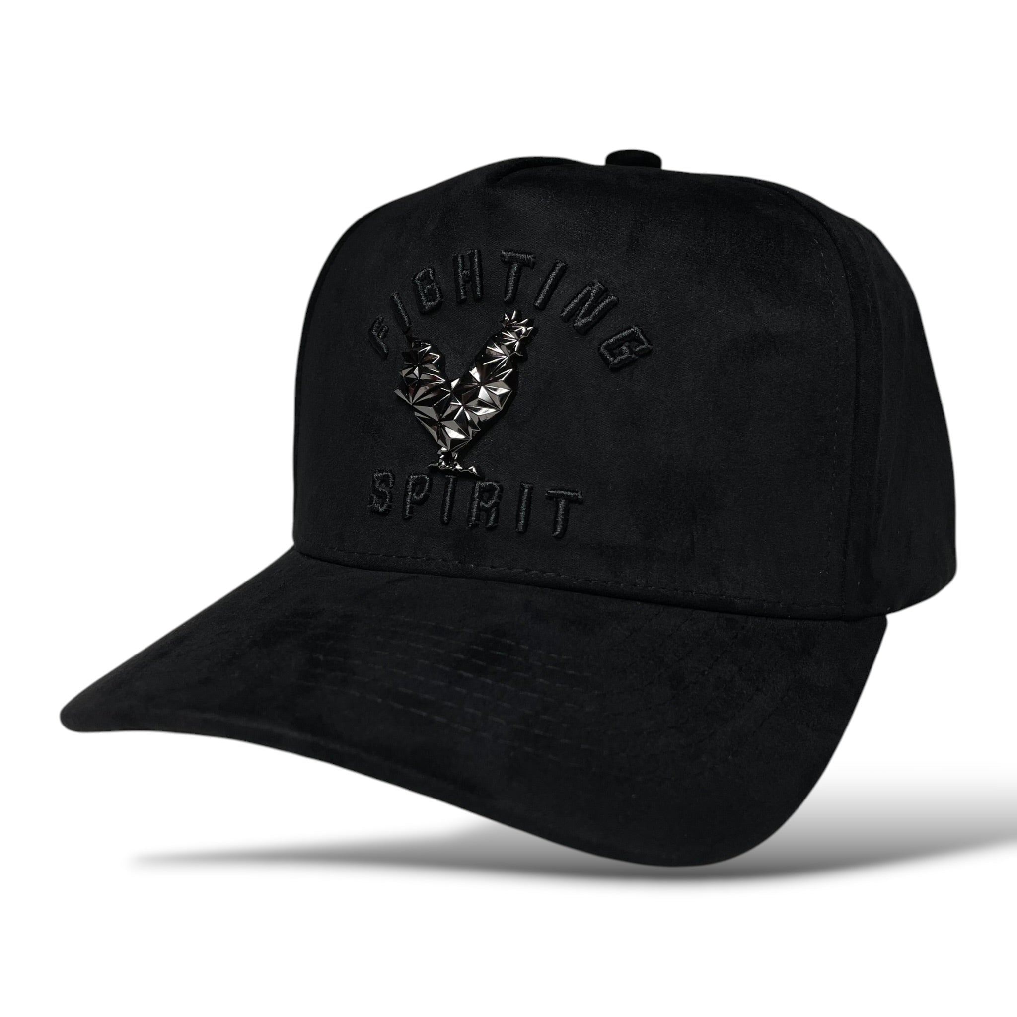 Black suede baseball hat with metal rooster emblem and “Fighting Spirit” embroidery on the front panel.