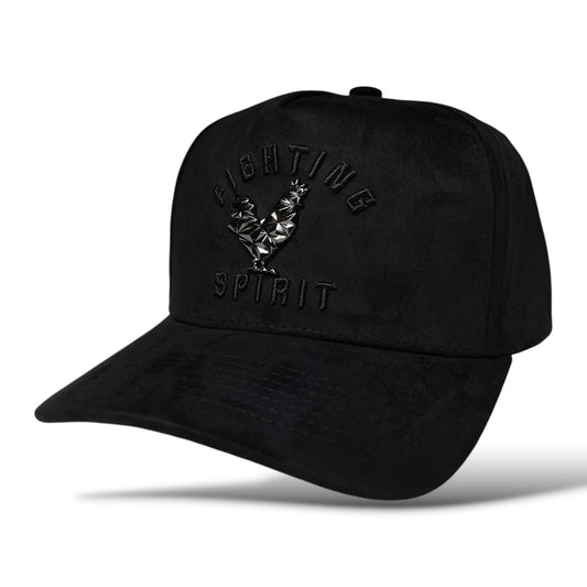 Black suede baseball hat with metal rooster emblem and “Fighting Spirit” embroidery on the front panel.