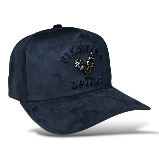 Navy blue suede baseball hat with metal rooster emblem and “Fighting Spirit” embroidery on the front panel.