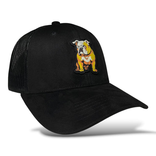 Black baseball snapback hat with mesh back featuring a PVC bulldog patch on the front panel.