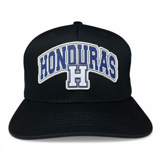 Black snapback baseball cap with a 3D rubber Honduras patch on the front panel.