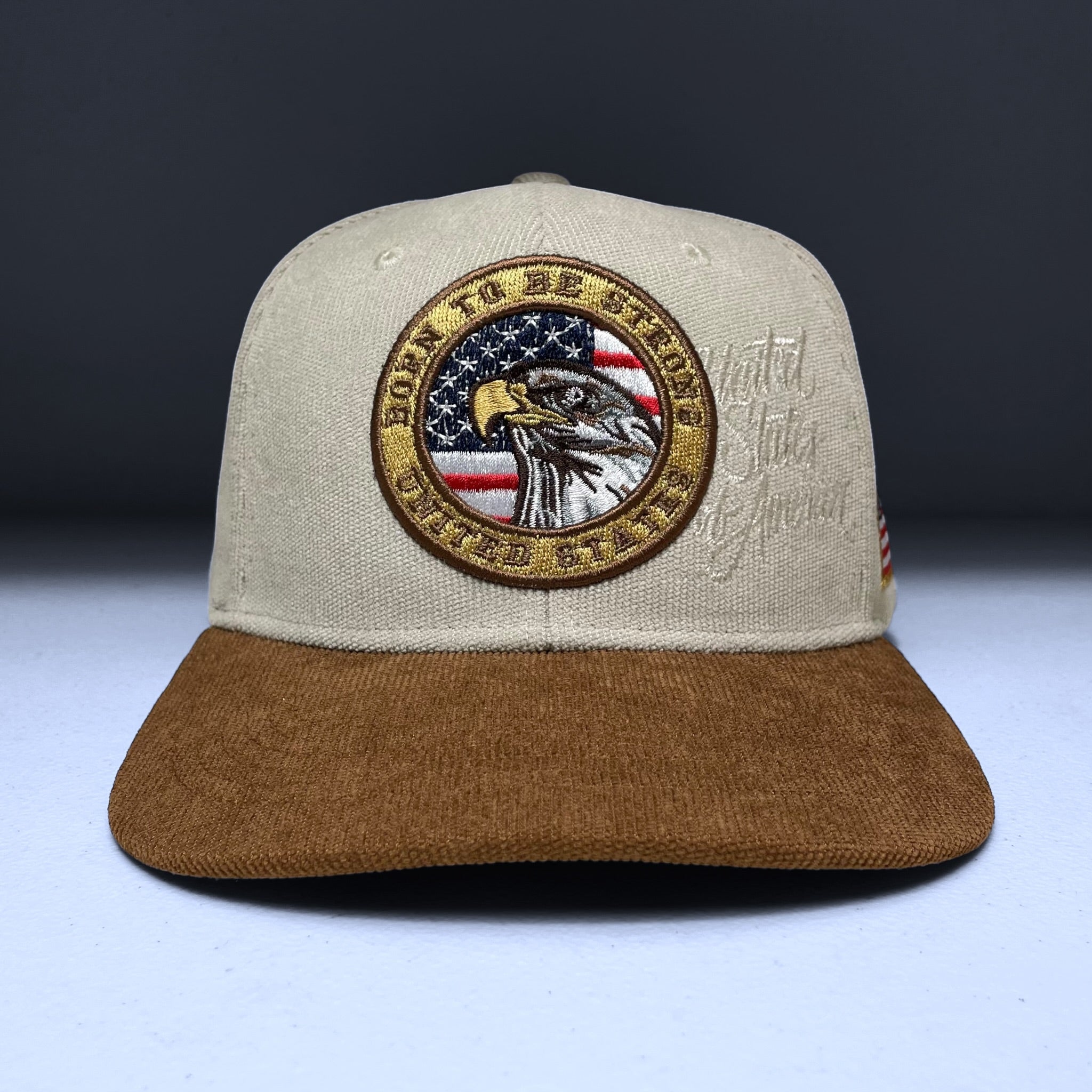 USA Flag Eagle Embroidered Beige Corduroy Snapback Cap