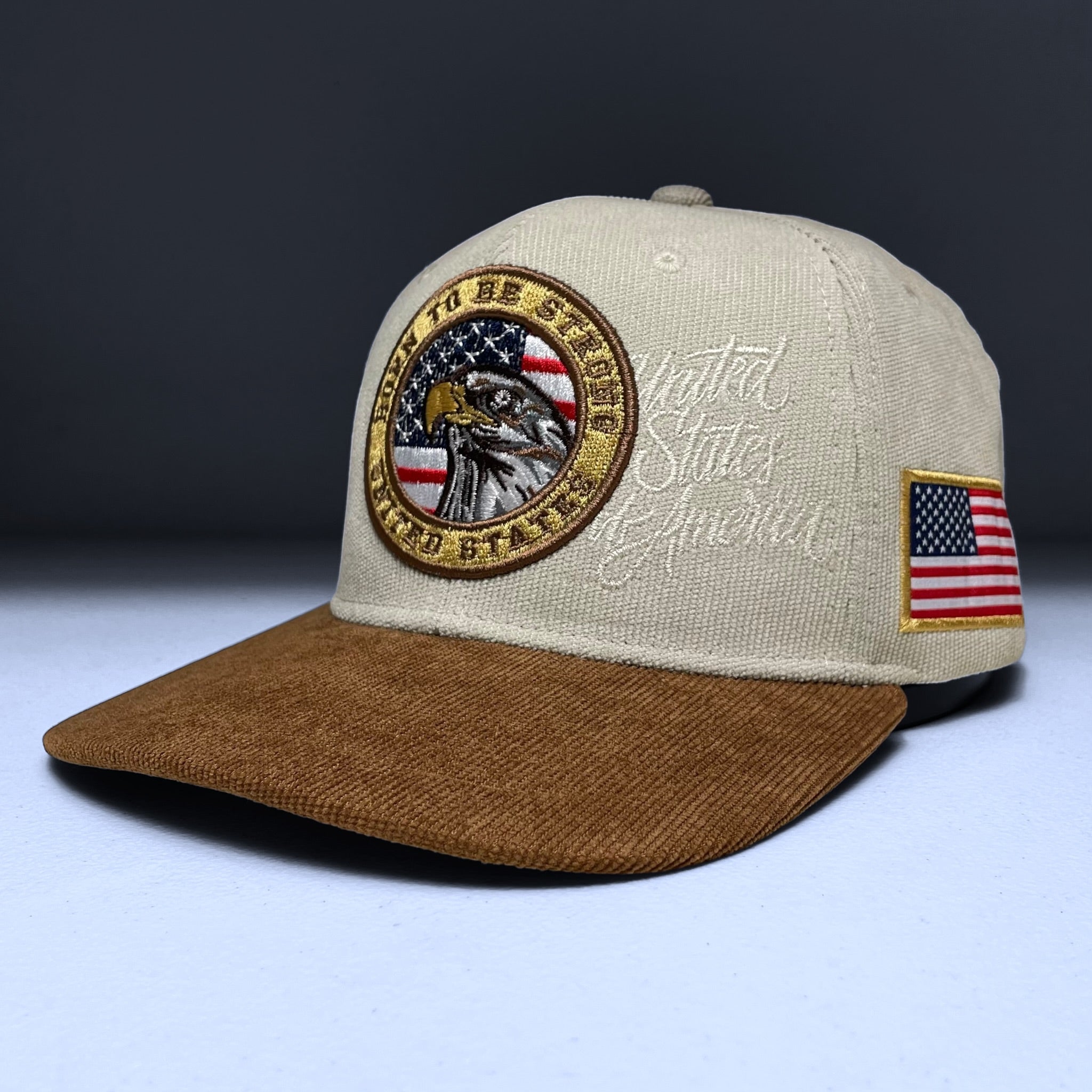 USA Flag Eagle Embroidered Beige Corduroy Snapback Cap