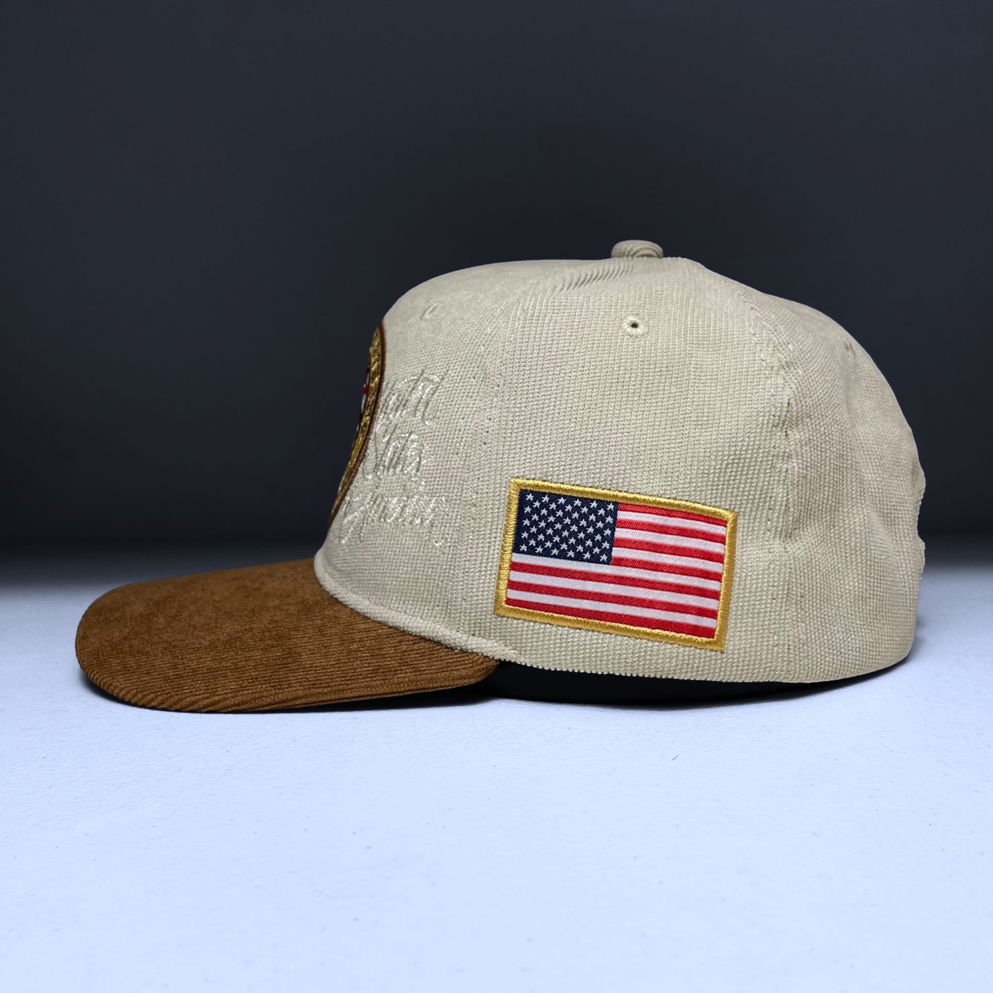 USA Flag Eagle Embroidered Beige Corduroy Snapback Cap