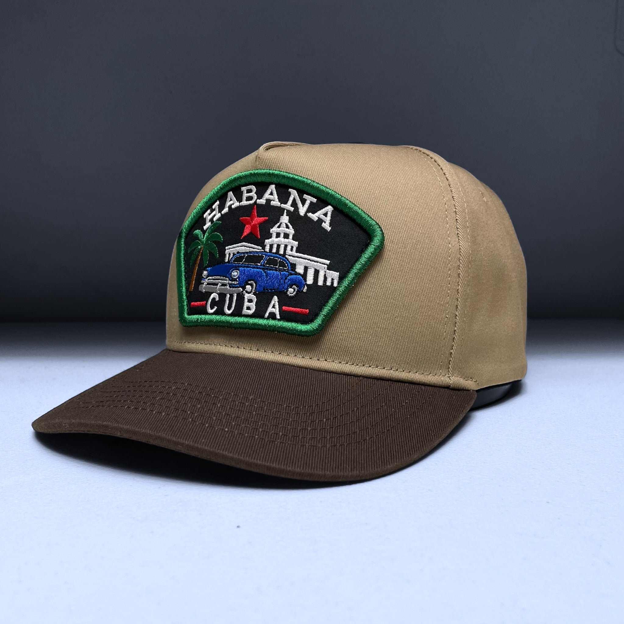 Habana Cuba Flag Embroidered Patch Snapback Baseball Hat Khaki & Brown