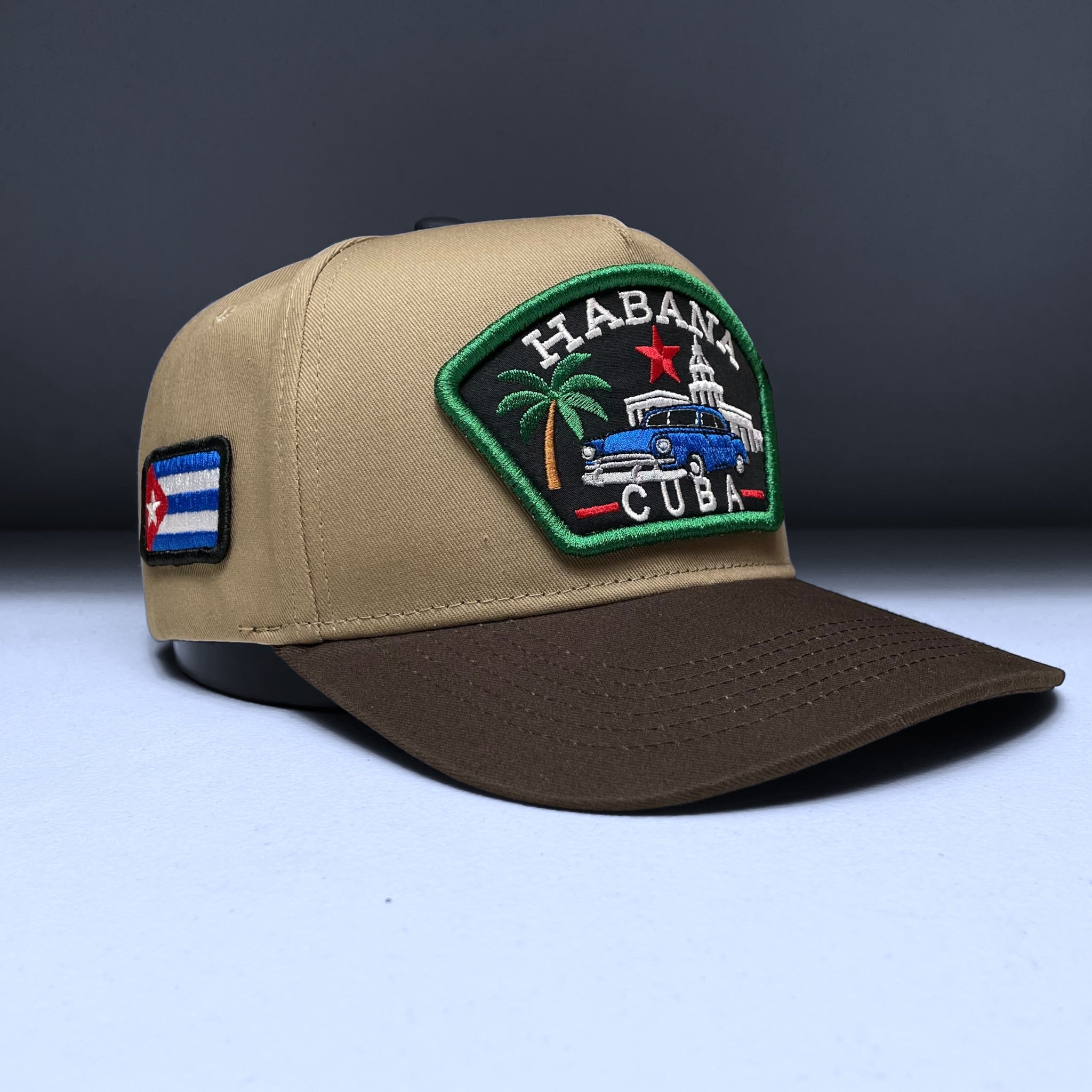 Habana Cuba Flag Embroidered Patch Snapback Baseball Hat Khaki & Brown