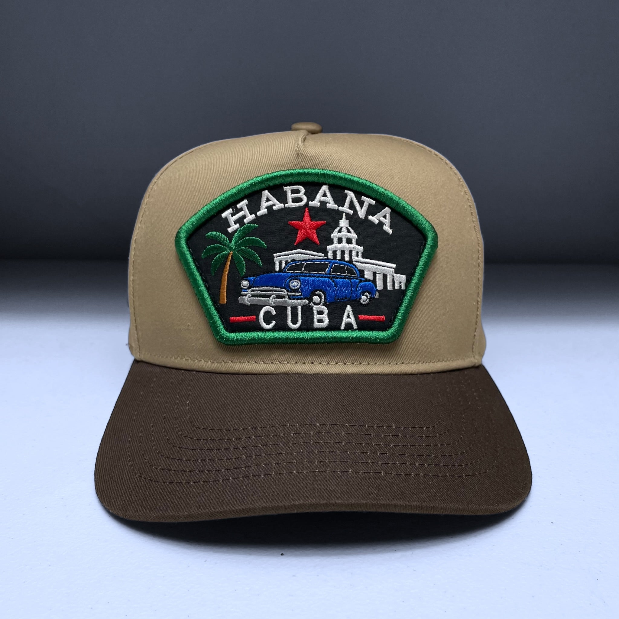 Habana Cuba Flag Embroidered Patch Snapback Baseball Hat Khaki & Brown