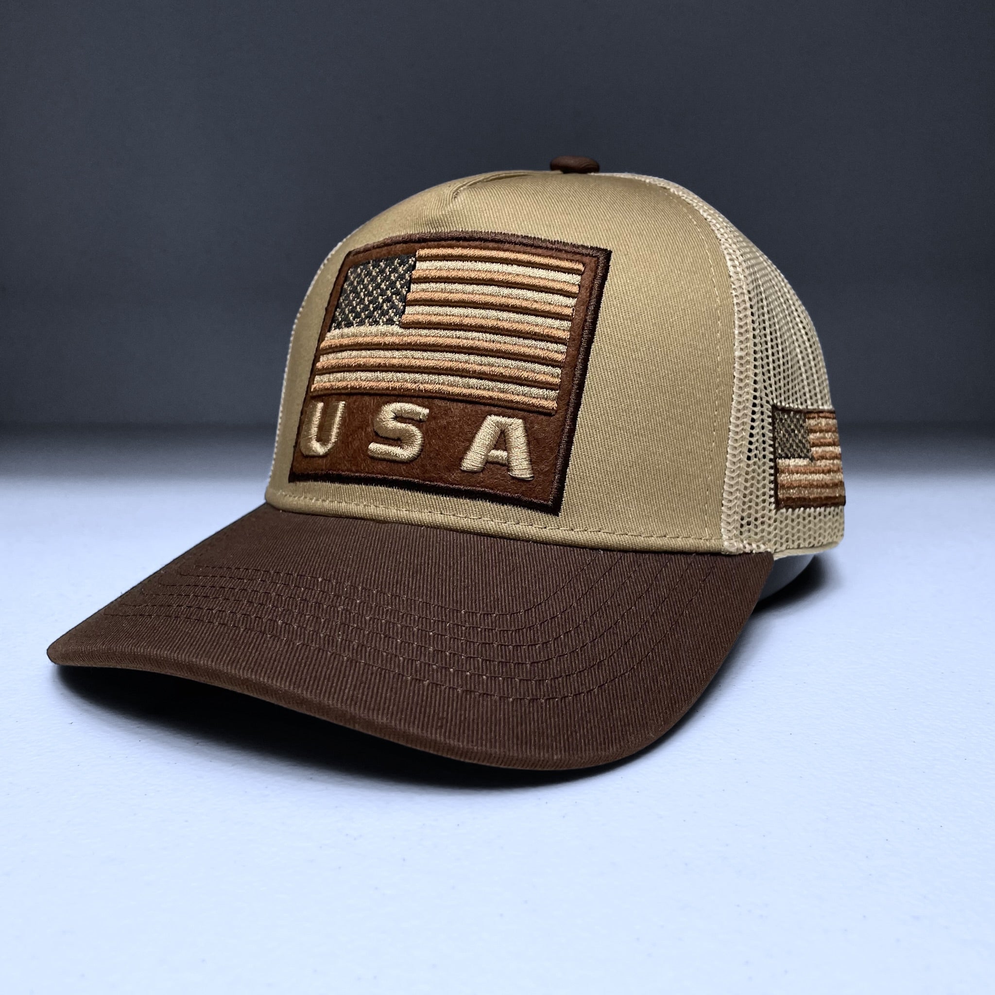 USA Flag Embroidered Patch Snapback Cap, Tan and Brown, Curved brim
