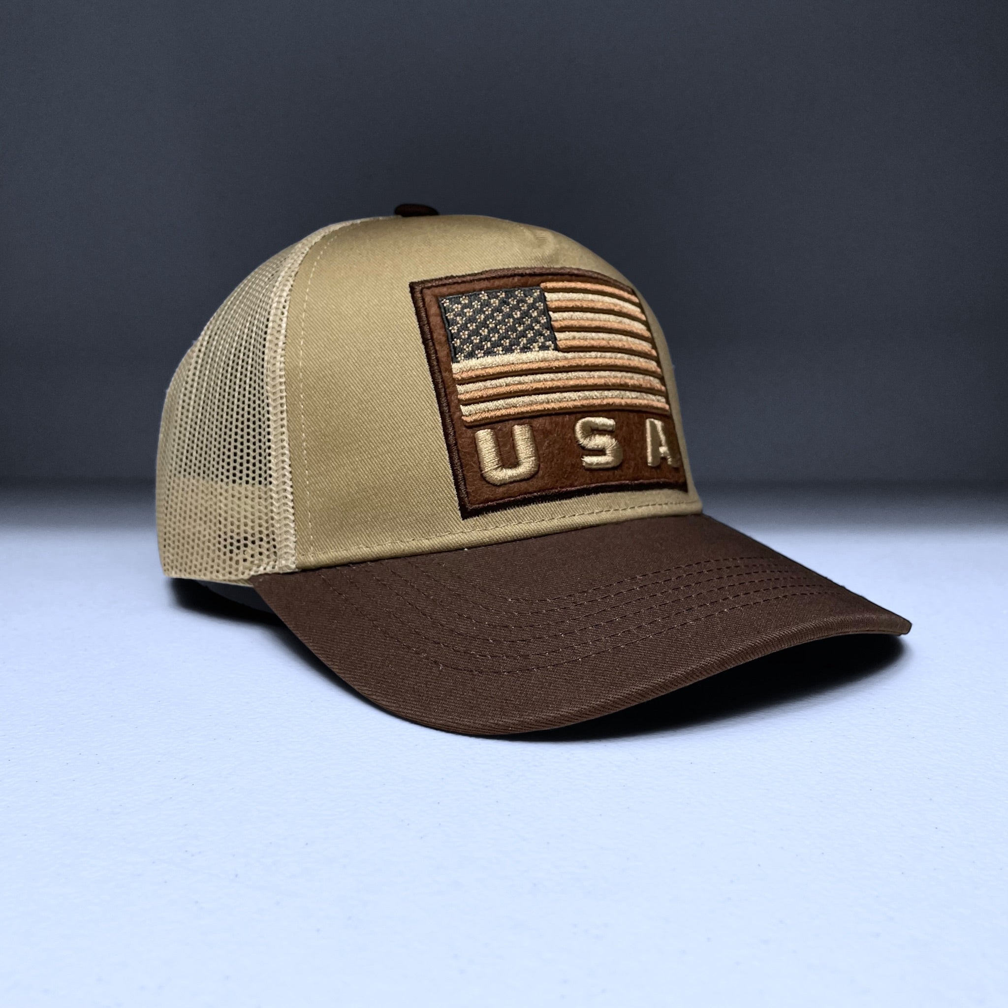 USA Flag Embroidered Patch Snapback Cap, Tan and Brown, Curved brim