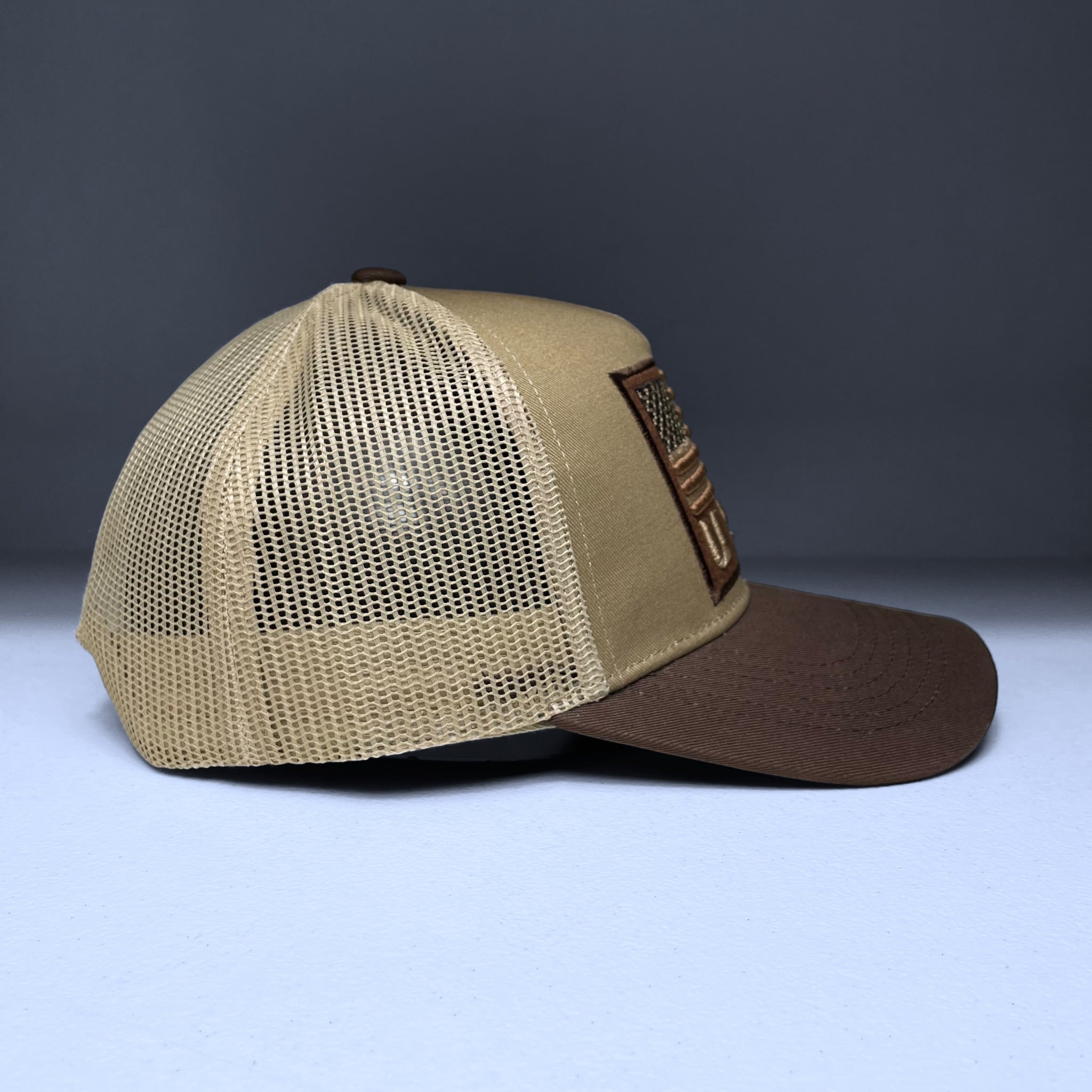 USA Flag Embroidered Patch Snapback Cap, Tan and Brown, Curved brim