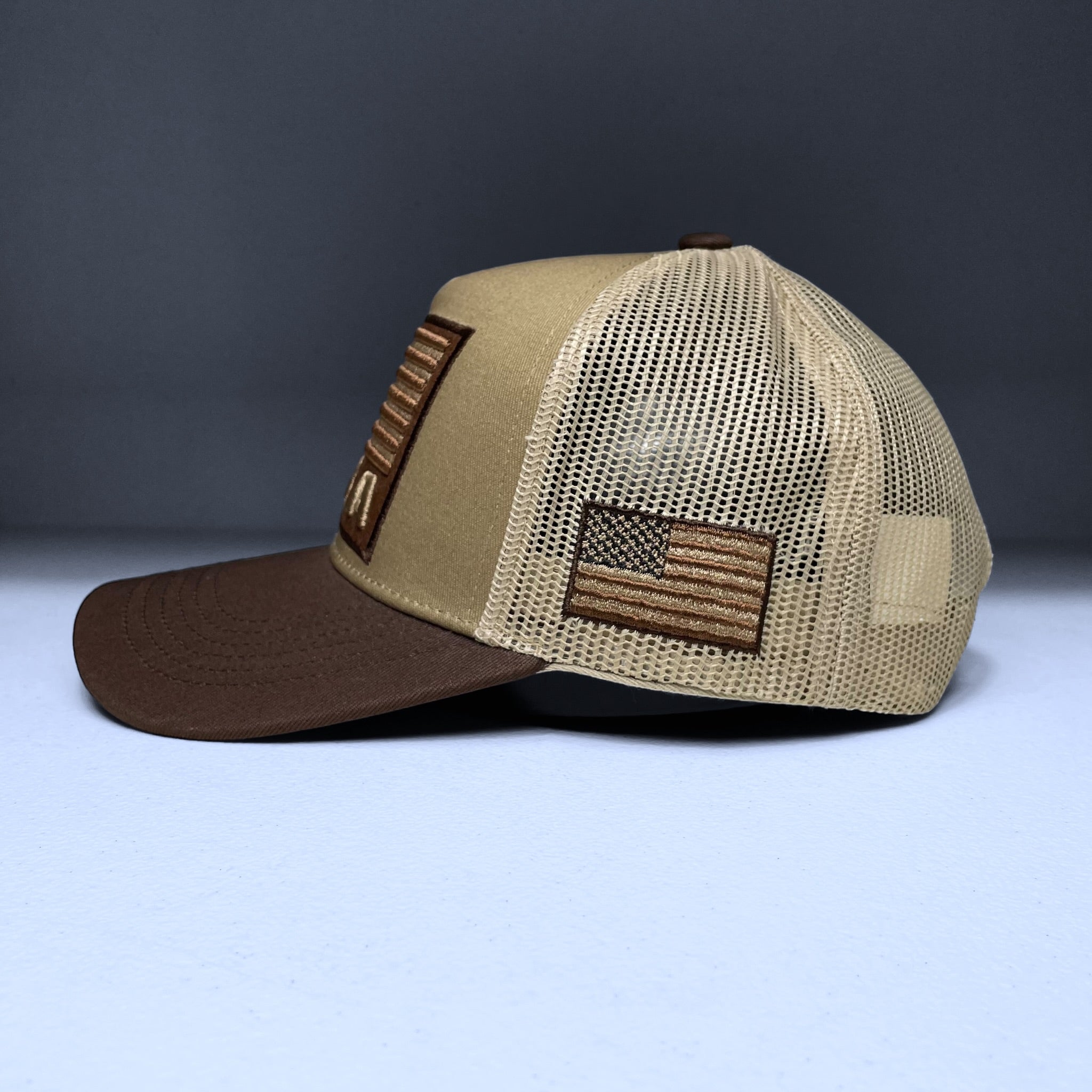 USA Flag Embroidered Patch Snapback Cap, Tan and Brown, Curved brim