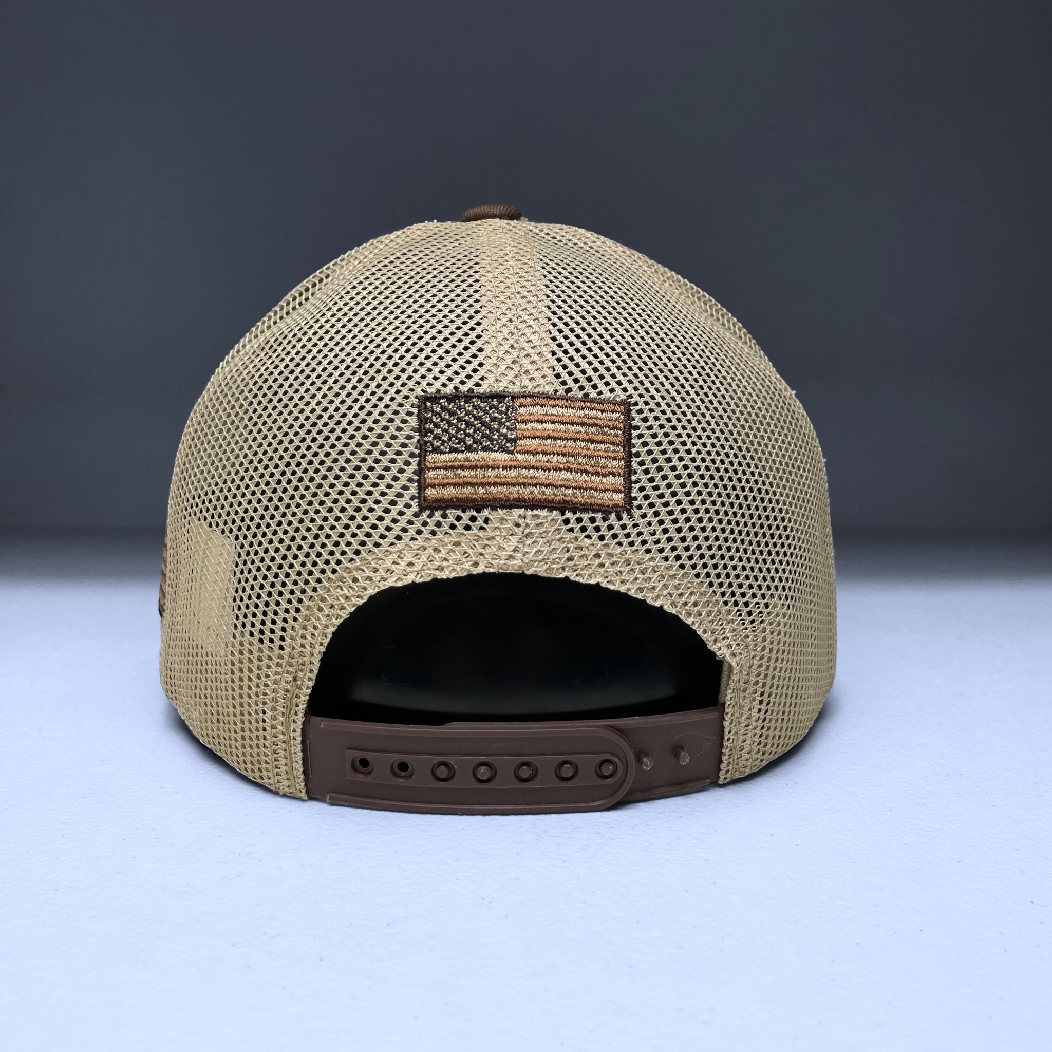USA Flag Embroidered Patch Snapback Cap, Tan and Brown, Curved brim