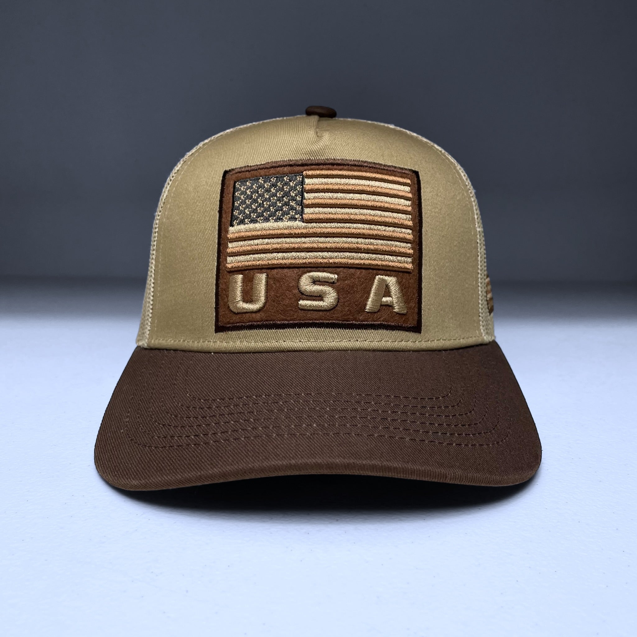 USA Flag Embroidered Patch Snapback Cap, Tan and Brown, Curved brim