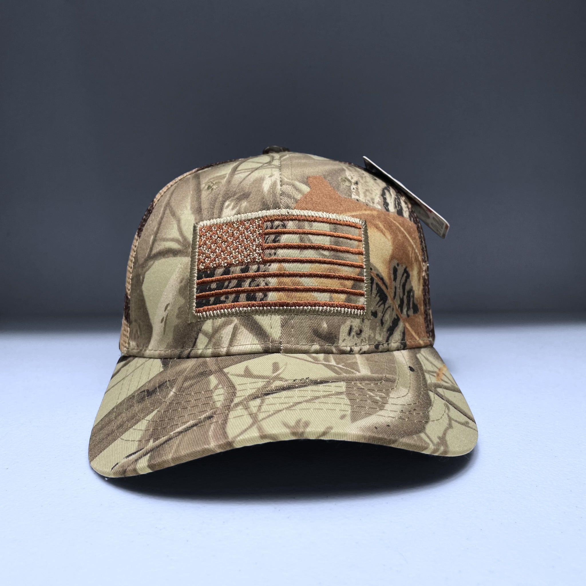 Camouflage USA Flag Embroidered Mesh Cap, Snapback, Tree & Leaf Pattern