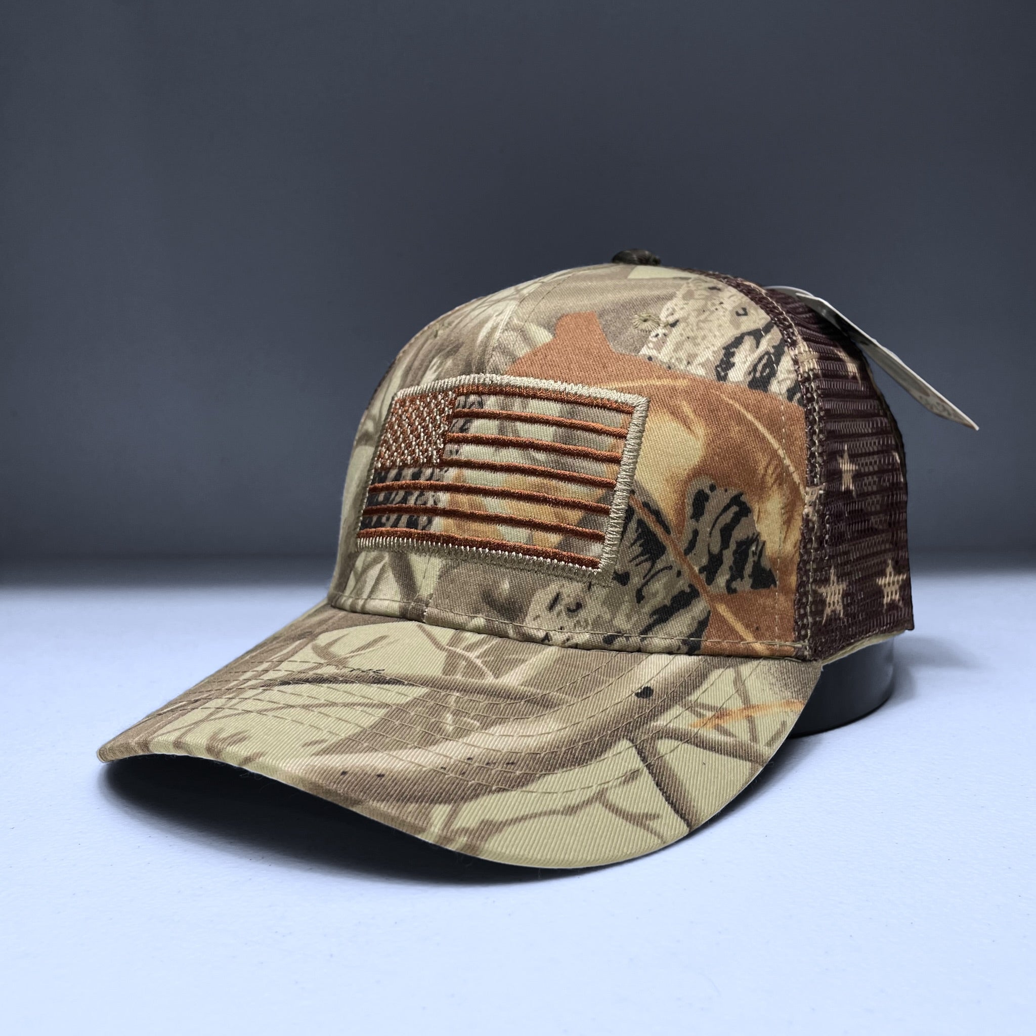 Camouflage USA Flag Embroidered Mesh Cap, Snapback, Tree & Leaf Pattern