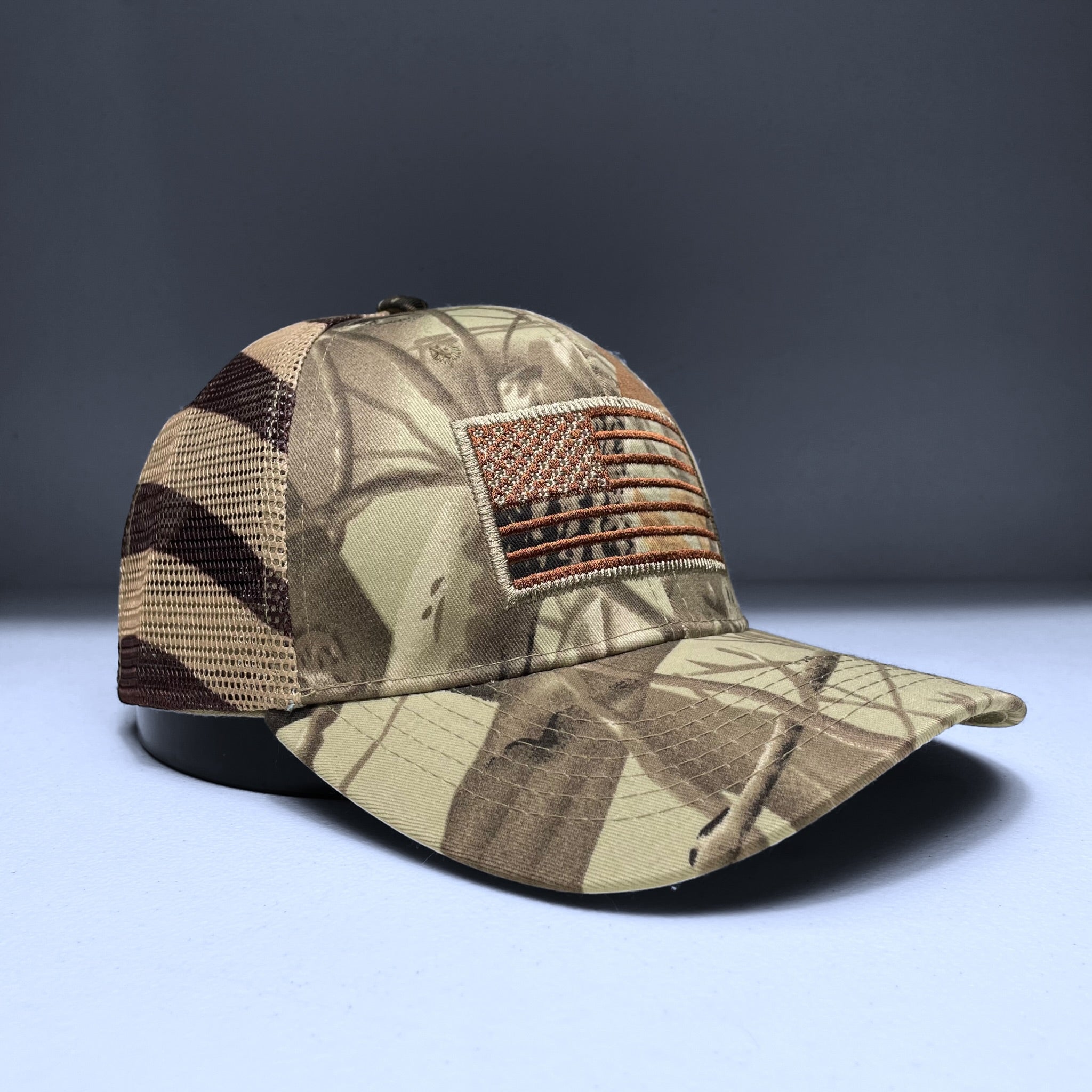 Camouflage USA Flag Embroidered Mesh Cap, Snapback, Tree & Leaf Pattern
