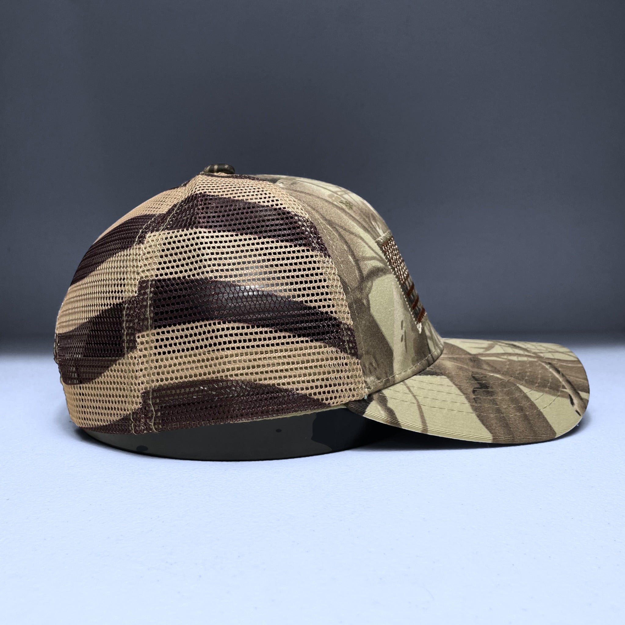 Camouflage USA Flag Embroidered Mesh Cap, Snapback, Tree & Leaf Pattern