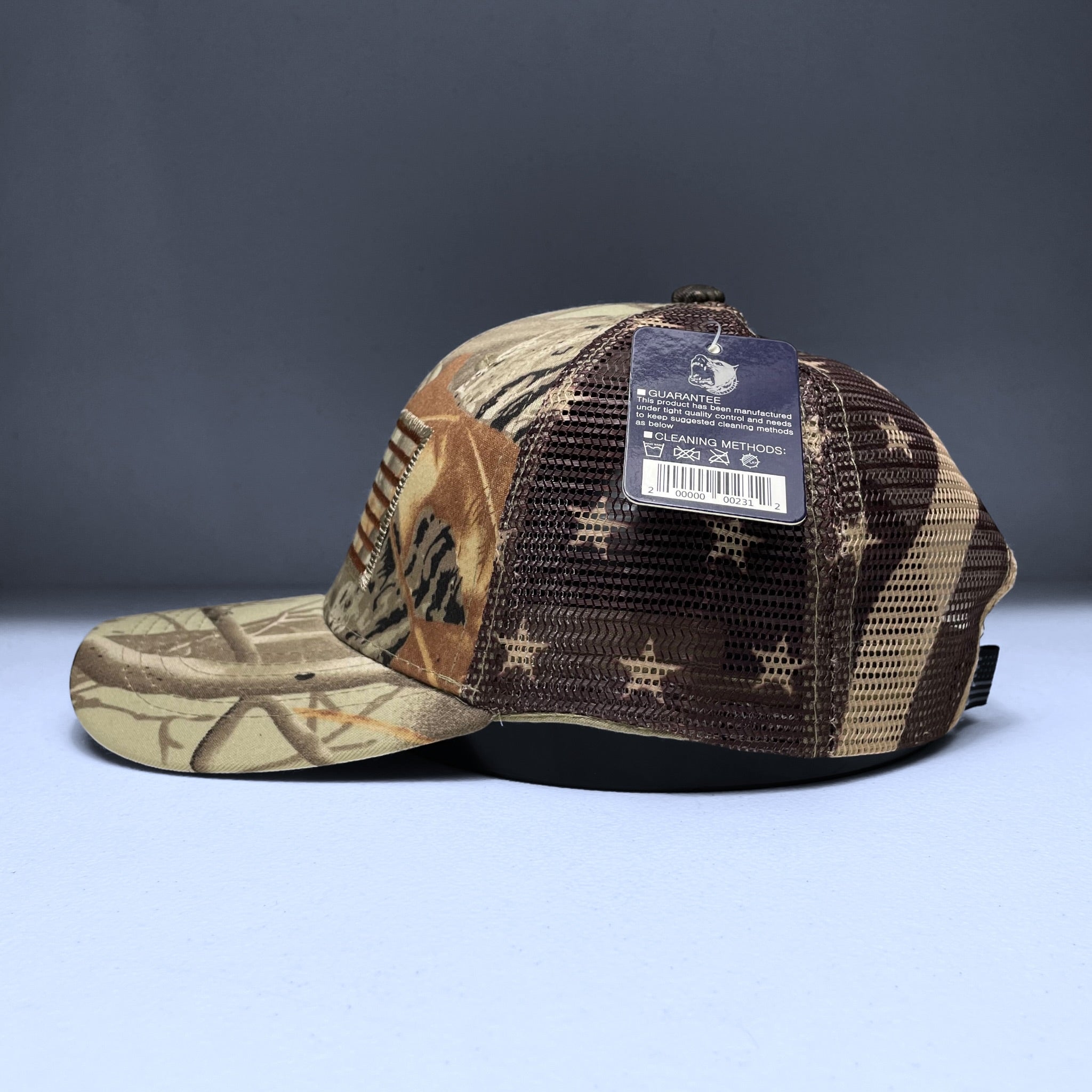Camouflage USA Flag Embroidered Mesh Cap, Snapback, Tree & Leaf Pattern
