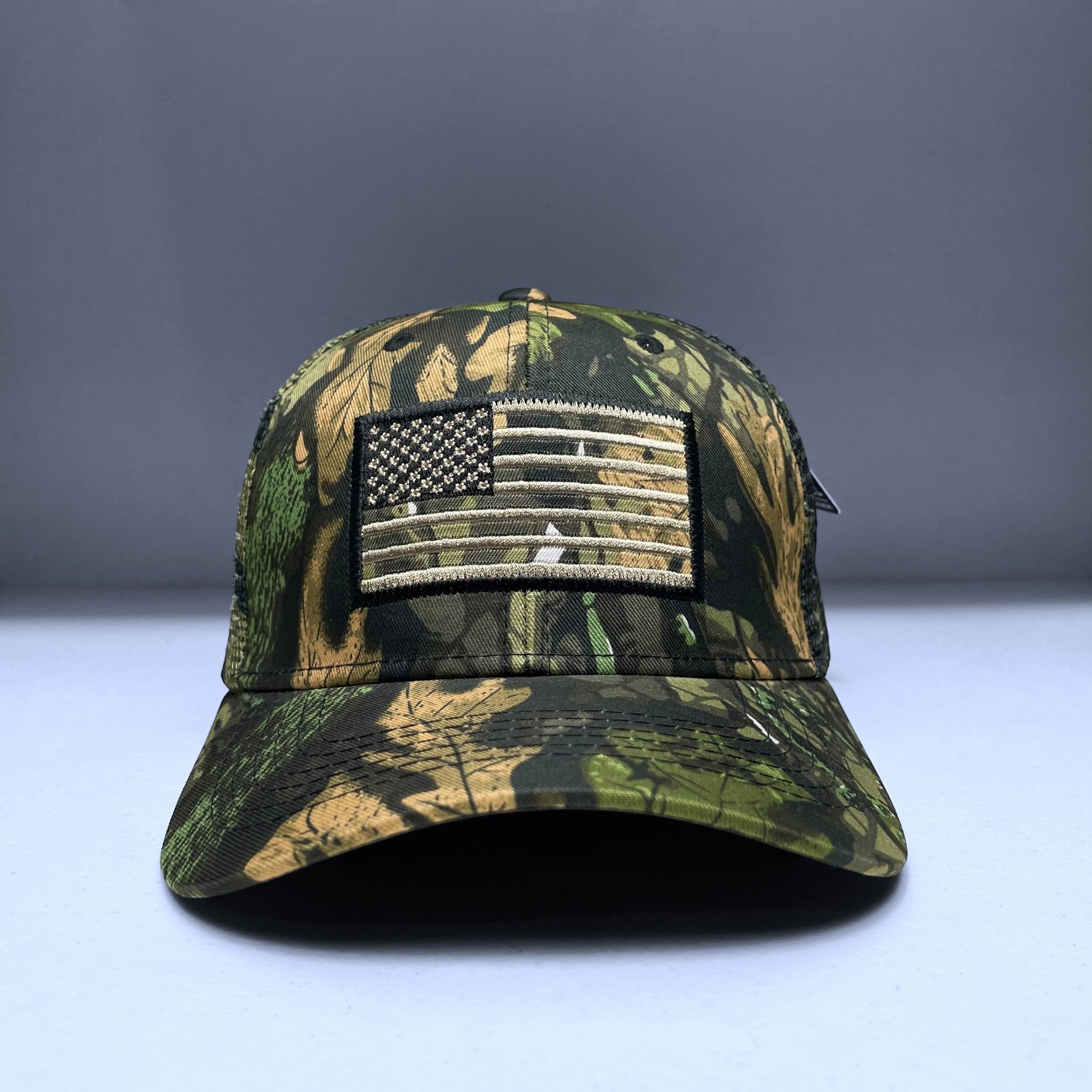 Camouflage USA Flag Embroidered Snapback Mesh Cap, Tree & Leaf Pattern