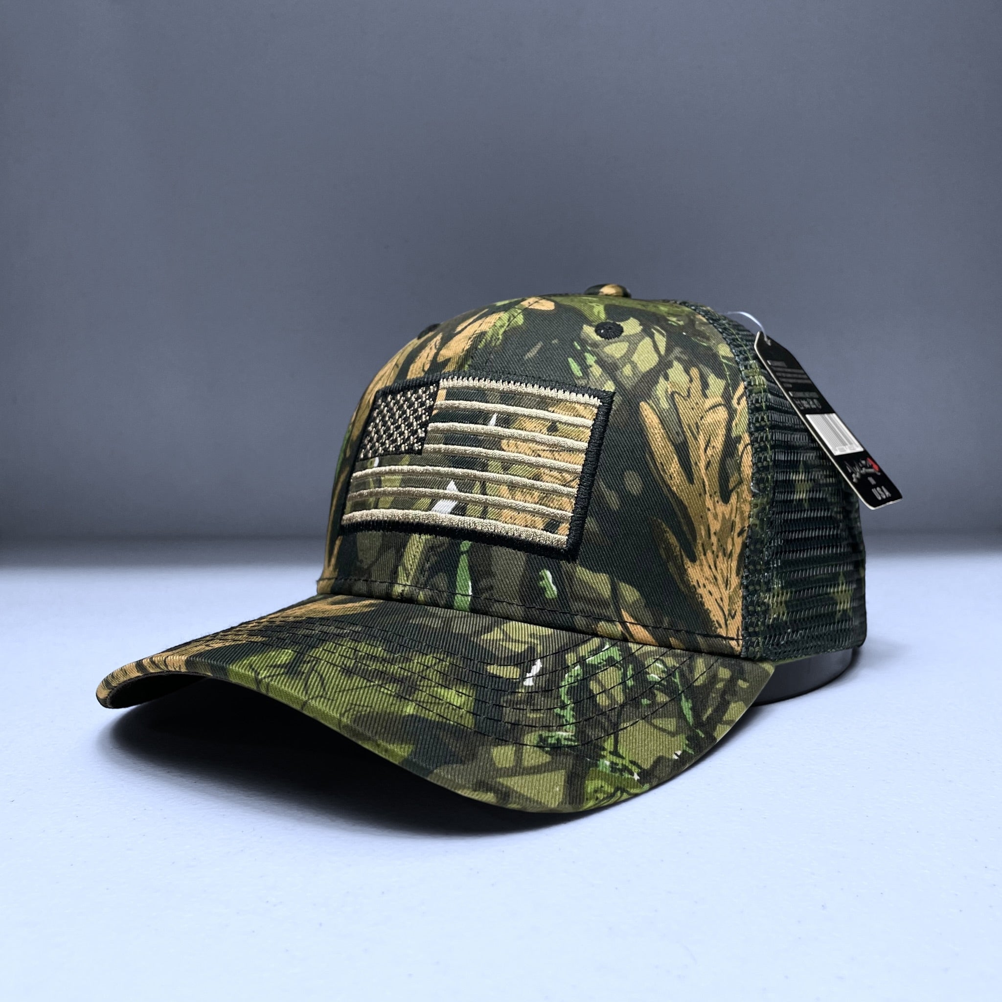 Camouflage USA Flag Embroidered Snapback Mesh Cap, Tree & Leaf Pattern