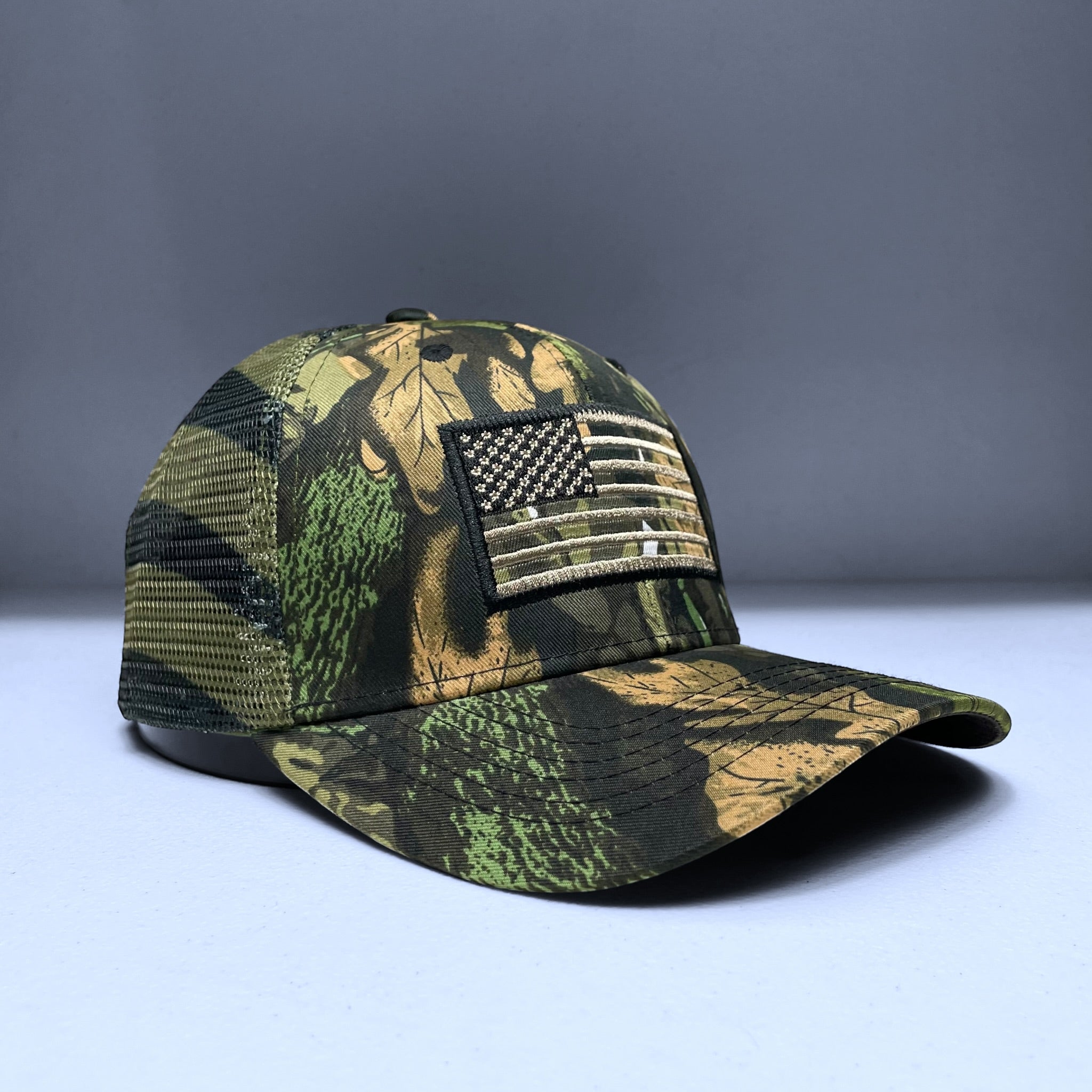 Camouflage USA Flag Embroidered Snapback Mesh Cap, Tree & Leaf Pattern