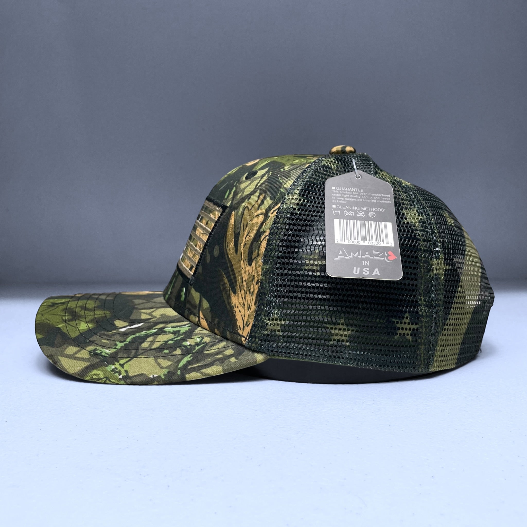Camouflage USA Flag Embroidered Snapback Mesh Cap, Tree & Leaf Pattern