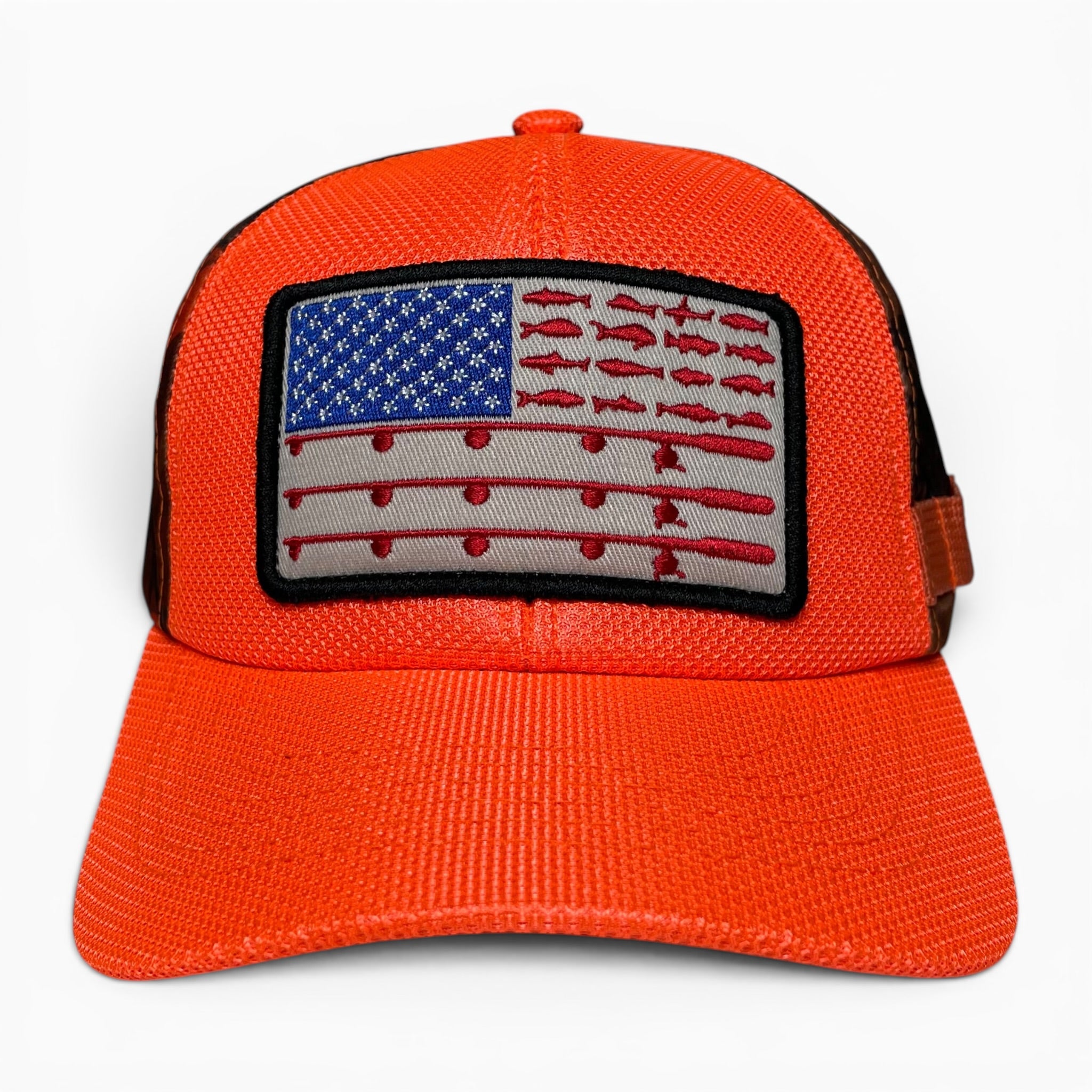 USA Flag Embroidered Patch Camo Fishing Cap, High-Visibility Orange, Outdoor Cap