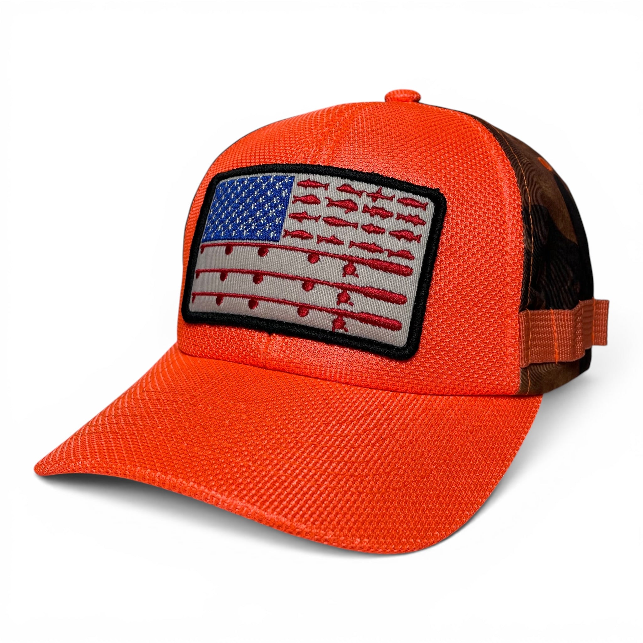 USA Flag Embroidered Patch Camo Fishing Cap, High-Visibility Orange, Outdoor Cap
