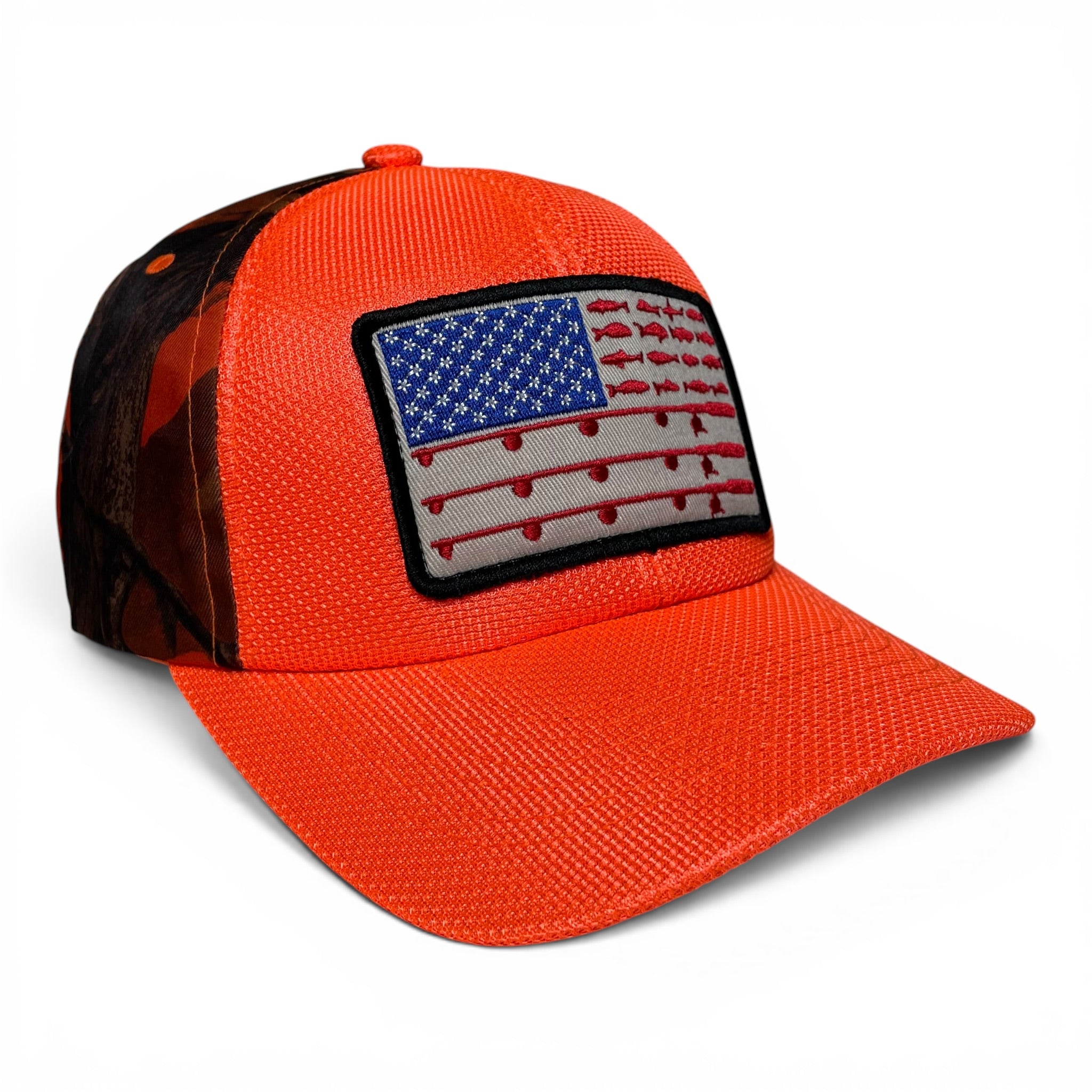 USA Flag Embroidered Patch Camo Fishing Cap, High-Visibility Orange, Outdoor Cap