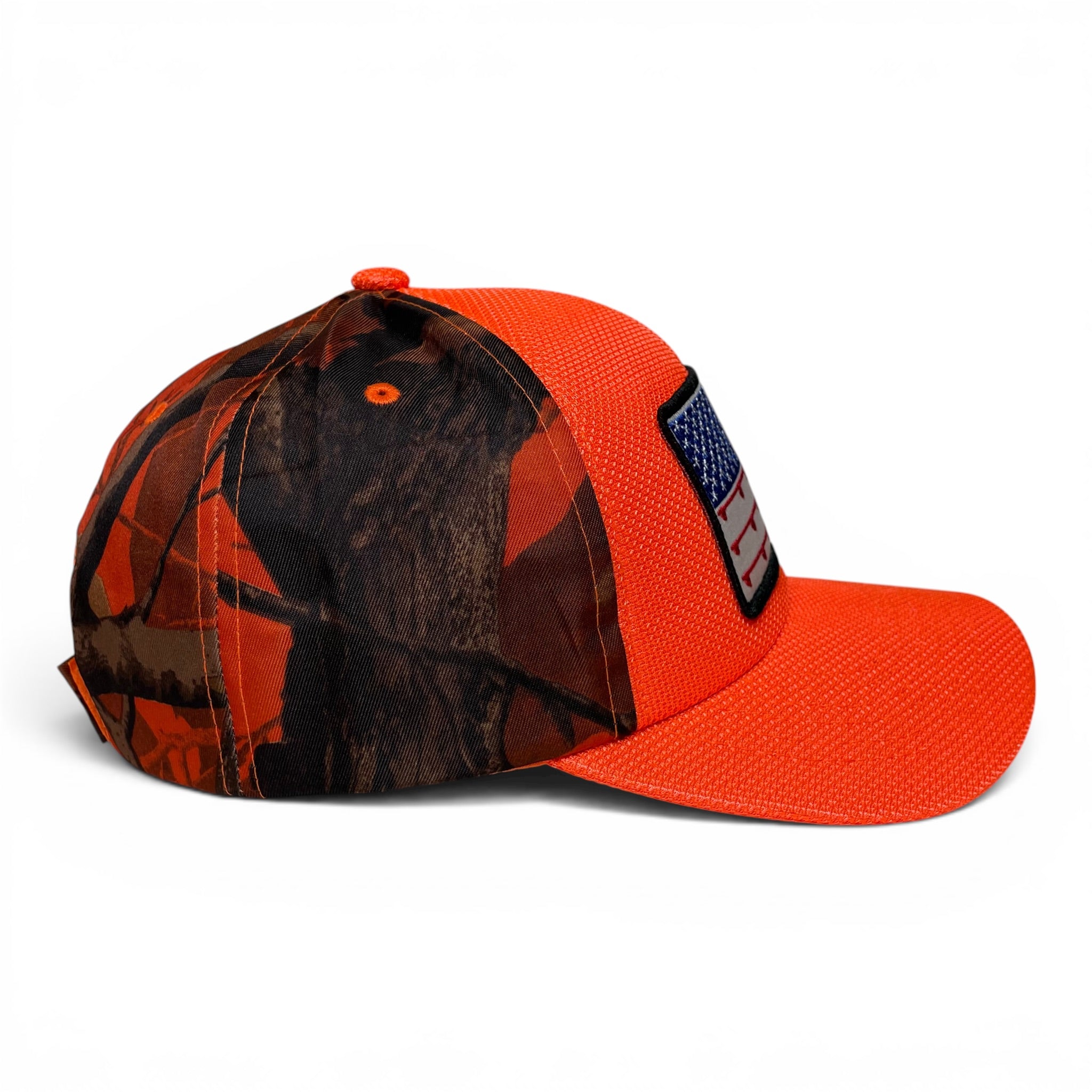 USA Flag Embroidered Patch Camo Fishing Cap, High-Visibility Orange, Outdoor Cap