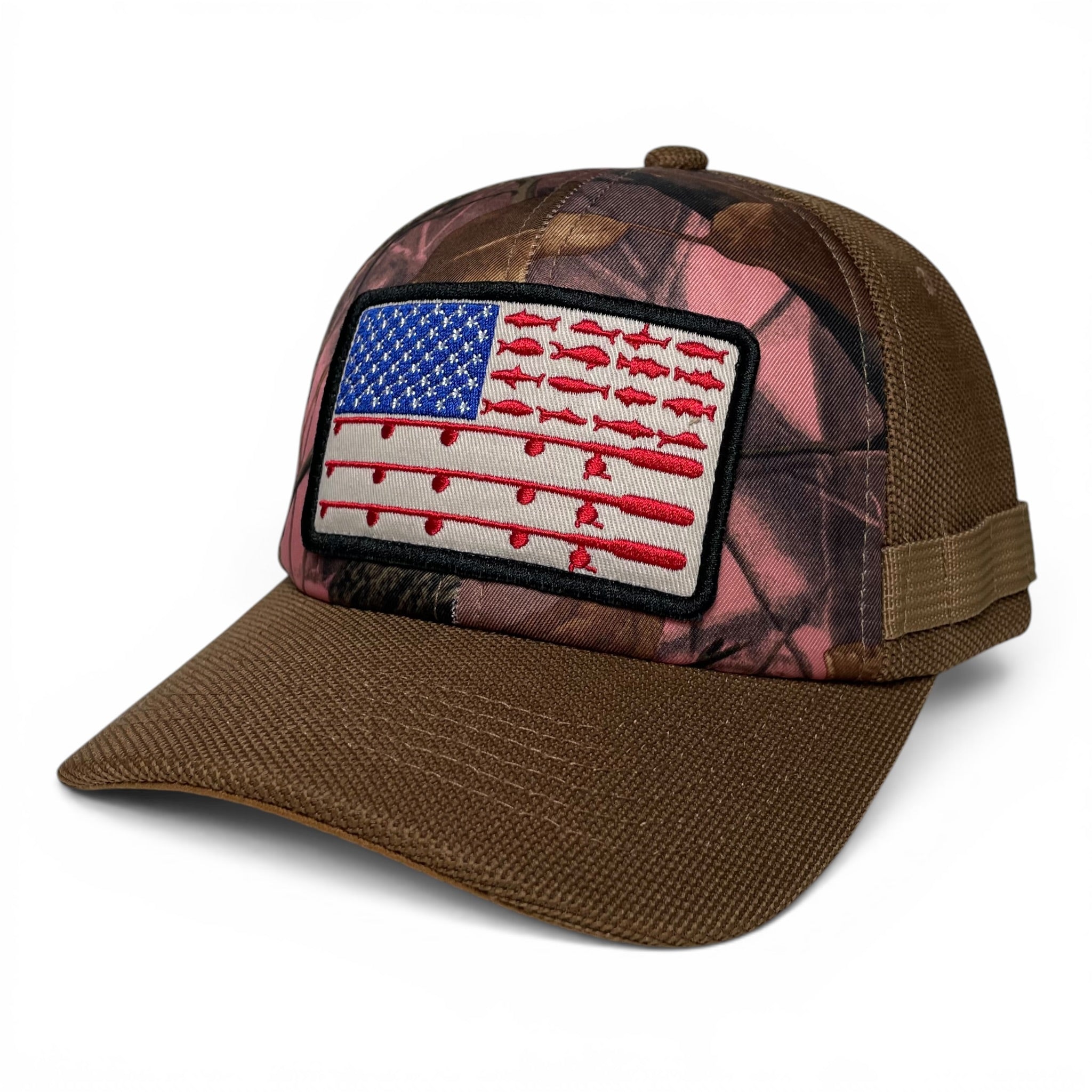 Camo Fishing Cap with American Flag Embroidered Pocket Patch | Wholesale Caps
