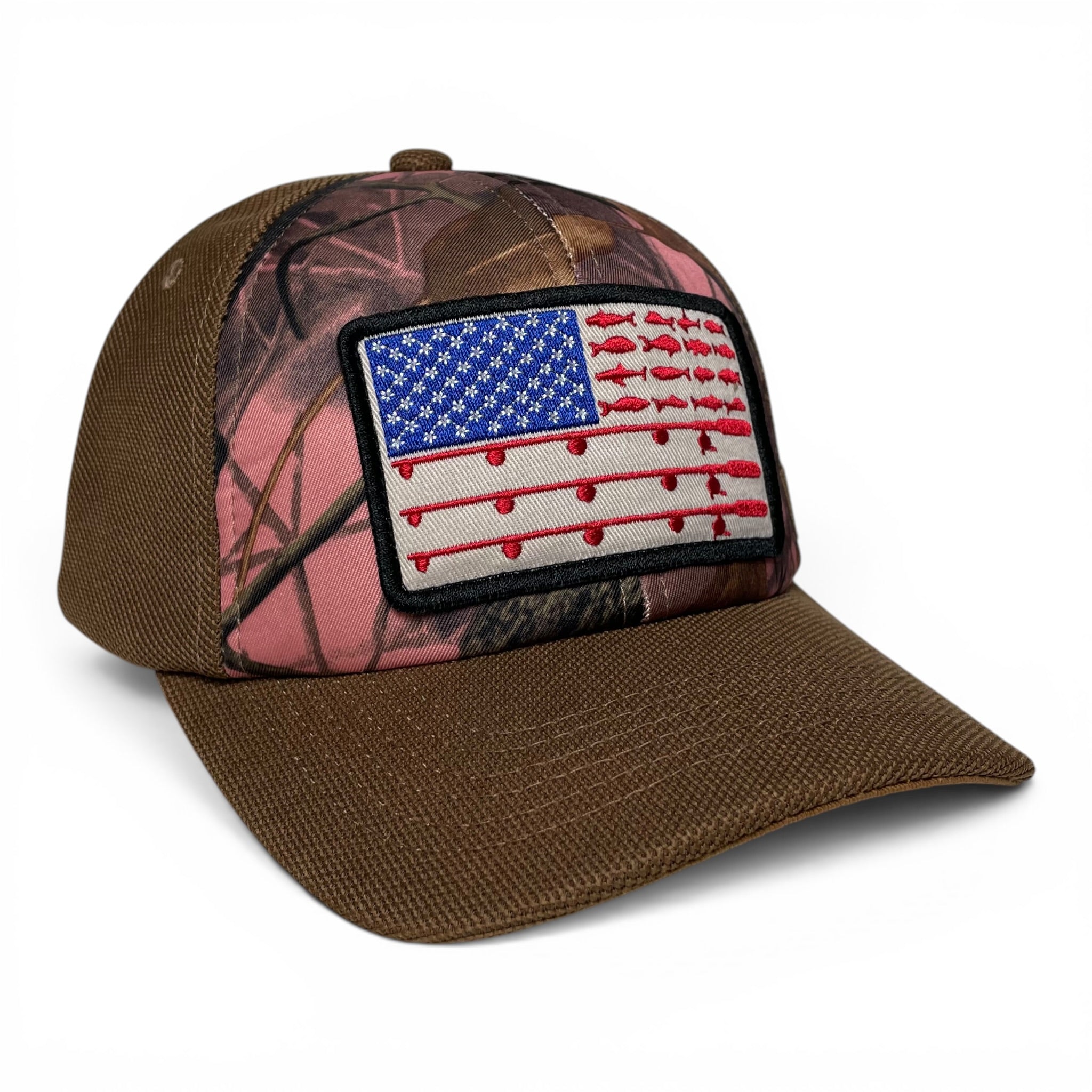 Camo Fishing Cap with American Flag Embroidered Pocket Patch | Wholesale Caps