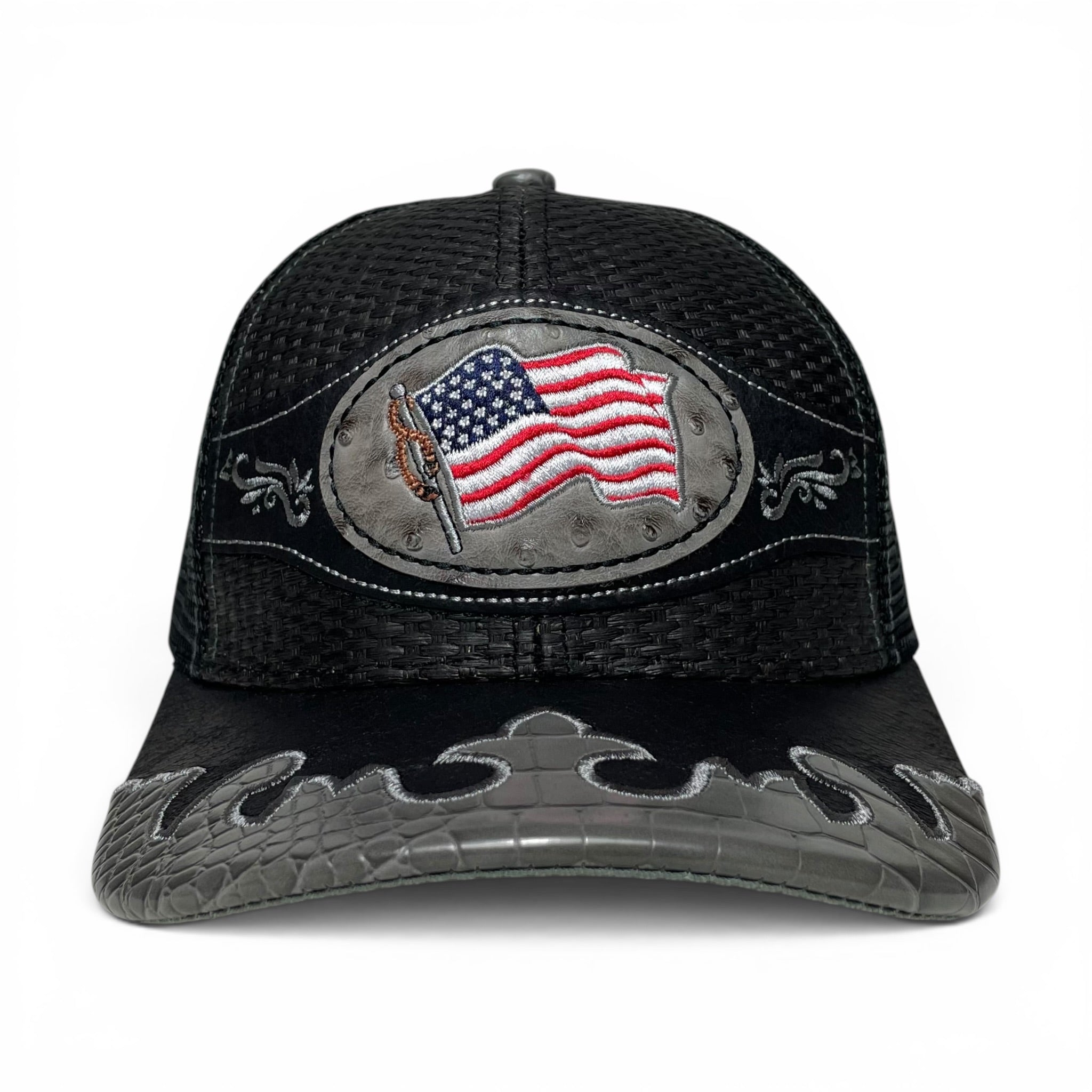 USA American Flag Leather Embroidered Patch Snapback Cap, Straw, Rodeo Style